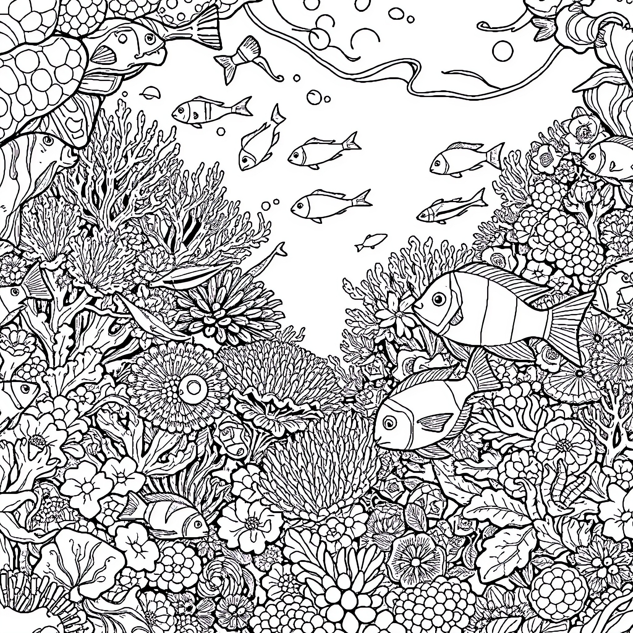 Coral Reef Teeming with Marine Life Coloring Page (free black-and-white line drawing printable PDF for all, from beginners to advanced learners, including children, teens, adults, and seniors)