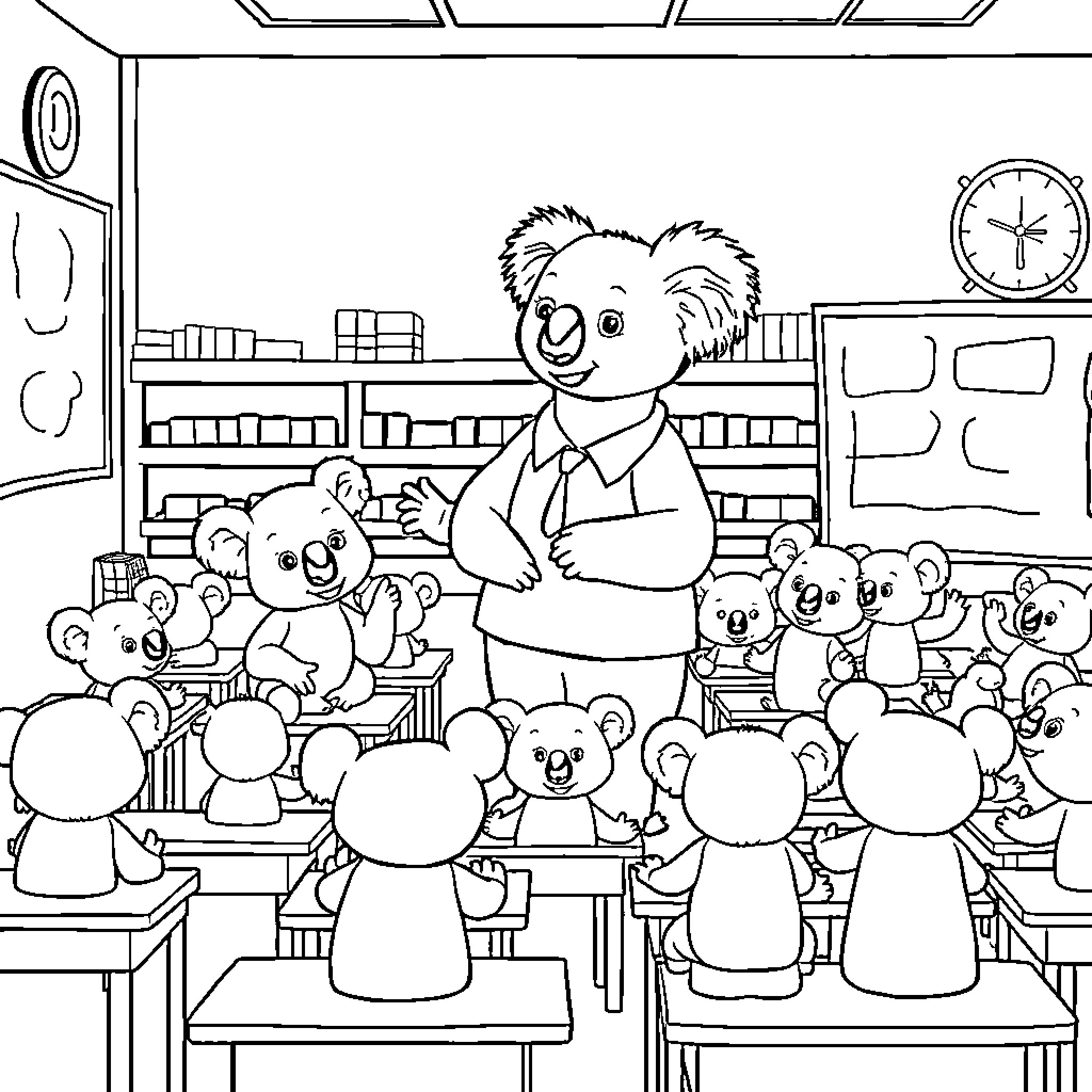 Koala teacher leading a classroom of koala students Coloring Page (free black-and-white line drawing printable PDF for all, from beginners to advanced learners, including children, teens, adults, and seniors)