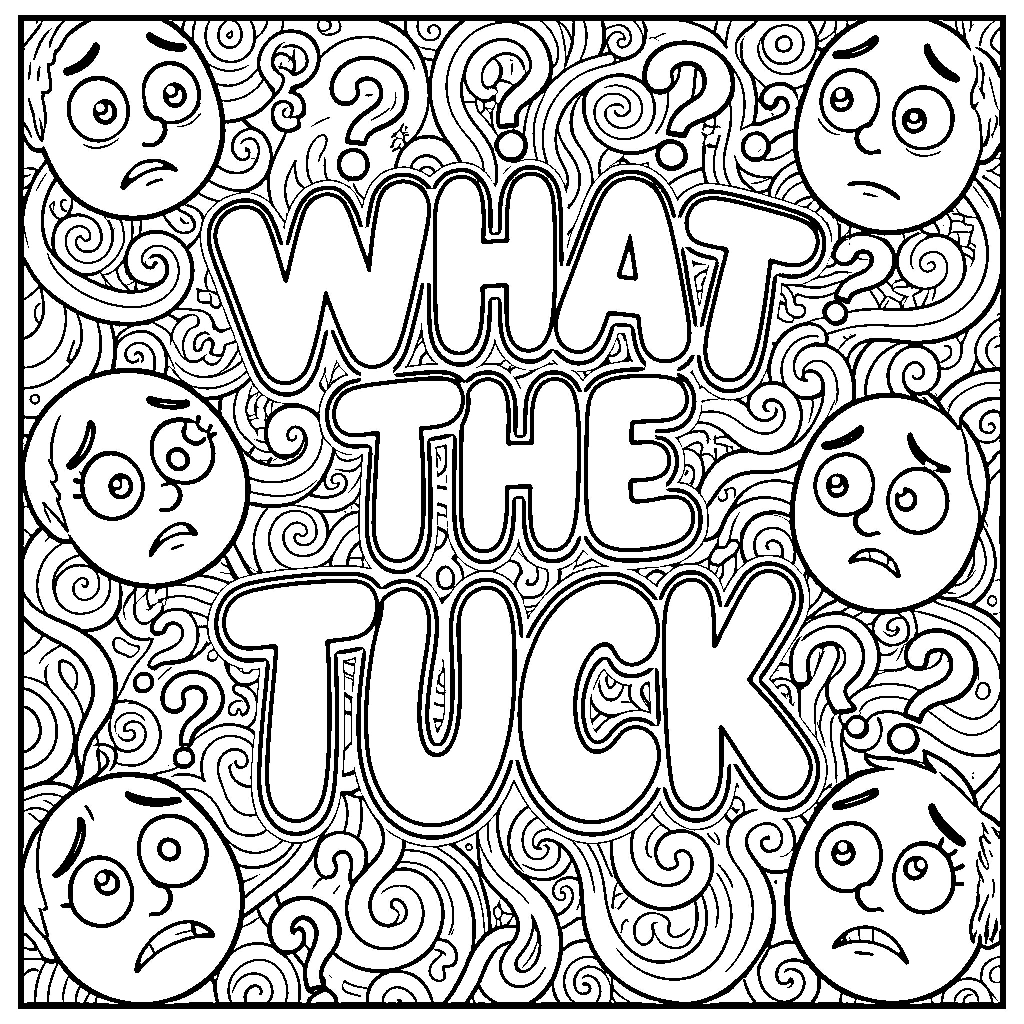 Lettering of Expressive Faces and Patterns Coloring Page (free black-and-white line drawing printable PDF for all, from beginners to advanced learners, including children, teens, adults, and seniors)
