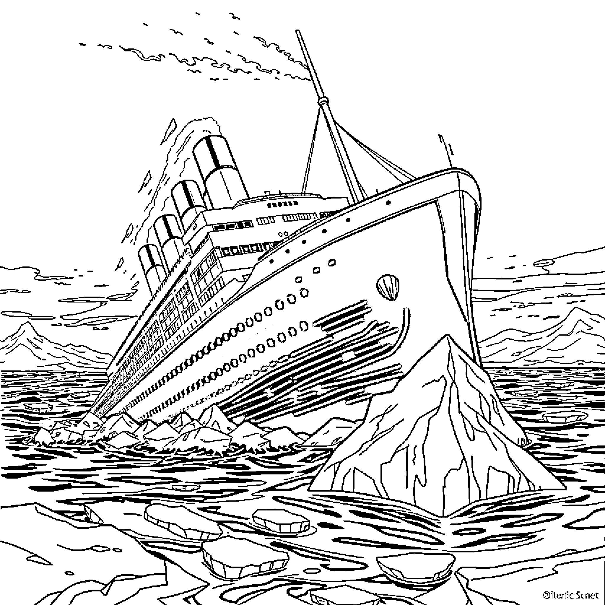 Titanic passenger ship sinking in the ocean Coloring Page (free black-and-white line drawing printable PDF for all, from beginners to advanced learners, including children, teens, adults, and seniors)