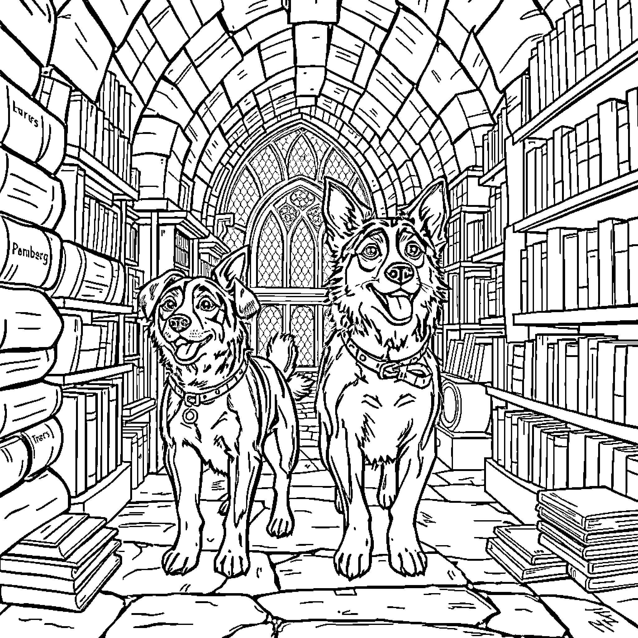 Dog duo sitting happily in a library Coloring Page (free black-and-white line drawing printable PDF for all, from beginners to advanced learners, including children, teens, adults, and seniors)