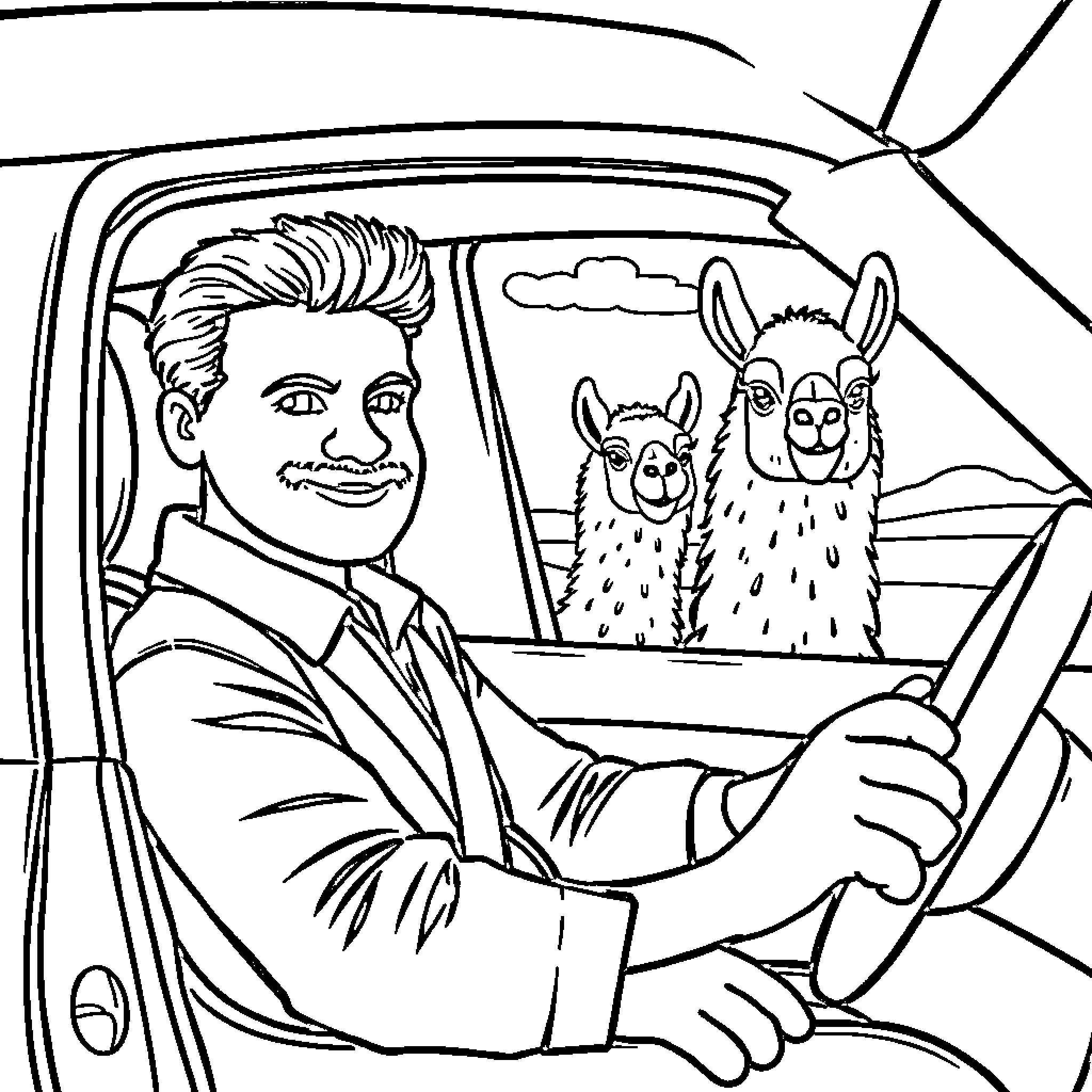 Sergio enjoys a road trip with lively llamas Coloring Page (free black-and-white line drawing printable PDF for all, from beginners to advanced learners, including children, teens, adults, and seniors)