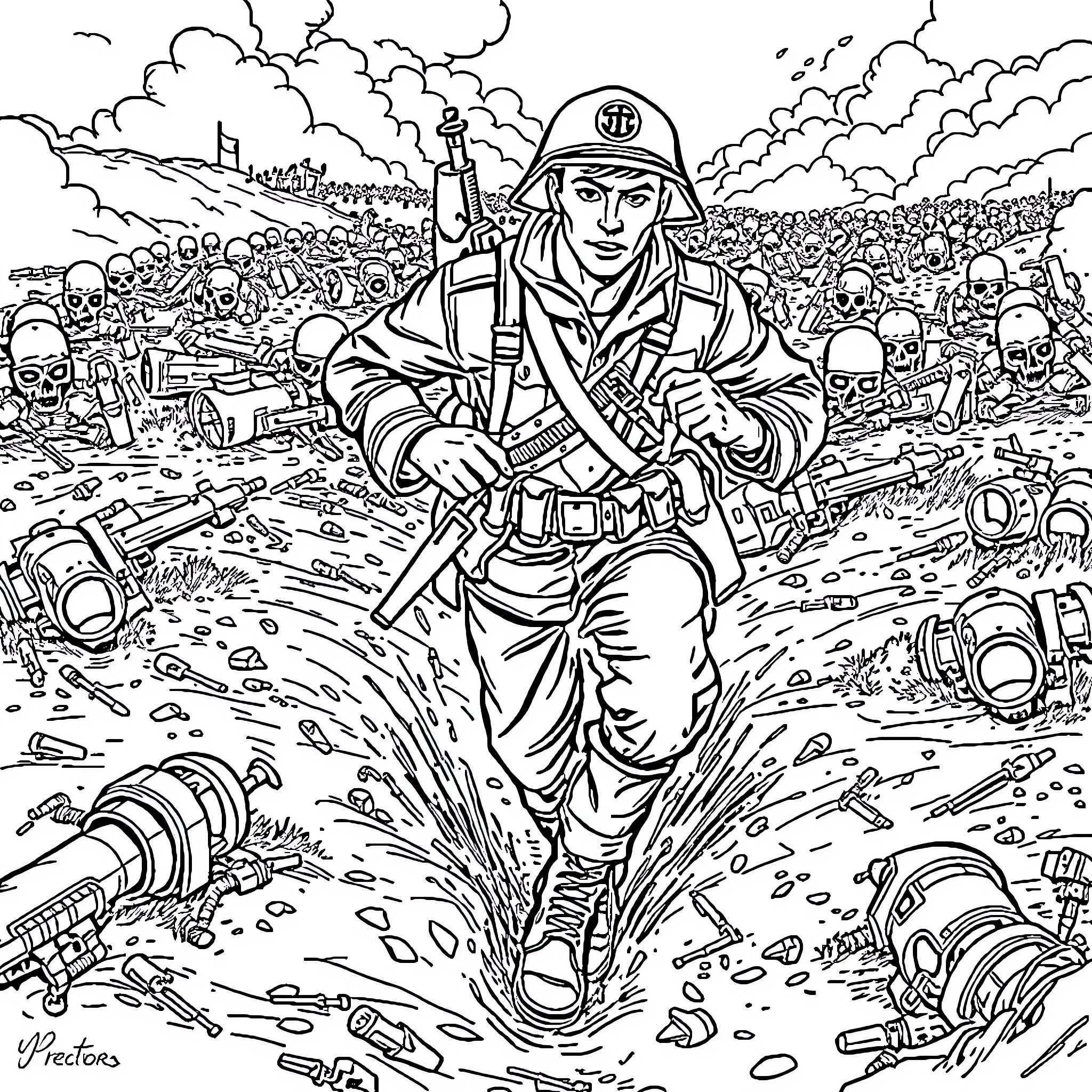 Soldier Advancing Through Battlefield Amid Chaos Coloring Page (free black-and-white line drawing printable PDF for all, from beginners to advanced learners, including children, teens, adults, and seniors)