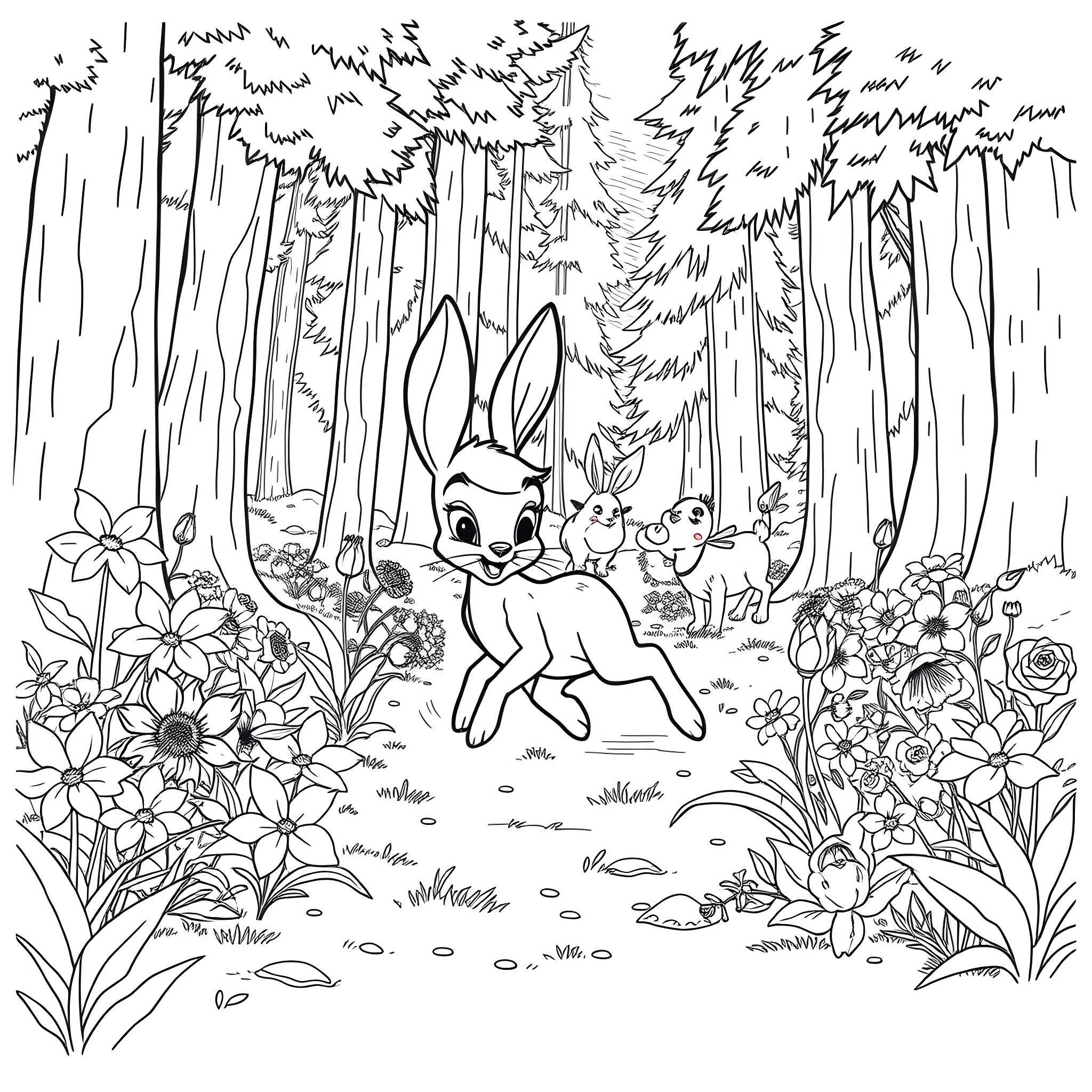 Thumper and friends exploring the forest Coloring Page (free black-and-white line drawing printable PDF for all, from beginners to advanced learners, including children, teens, adults, and seniors)