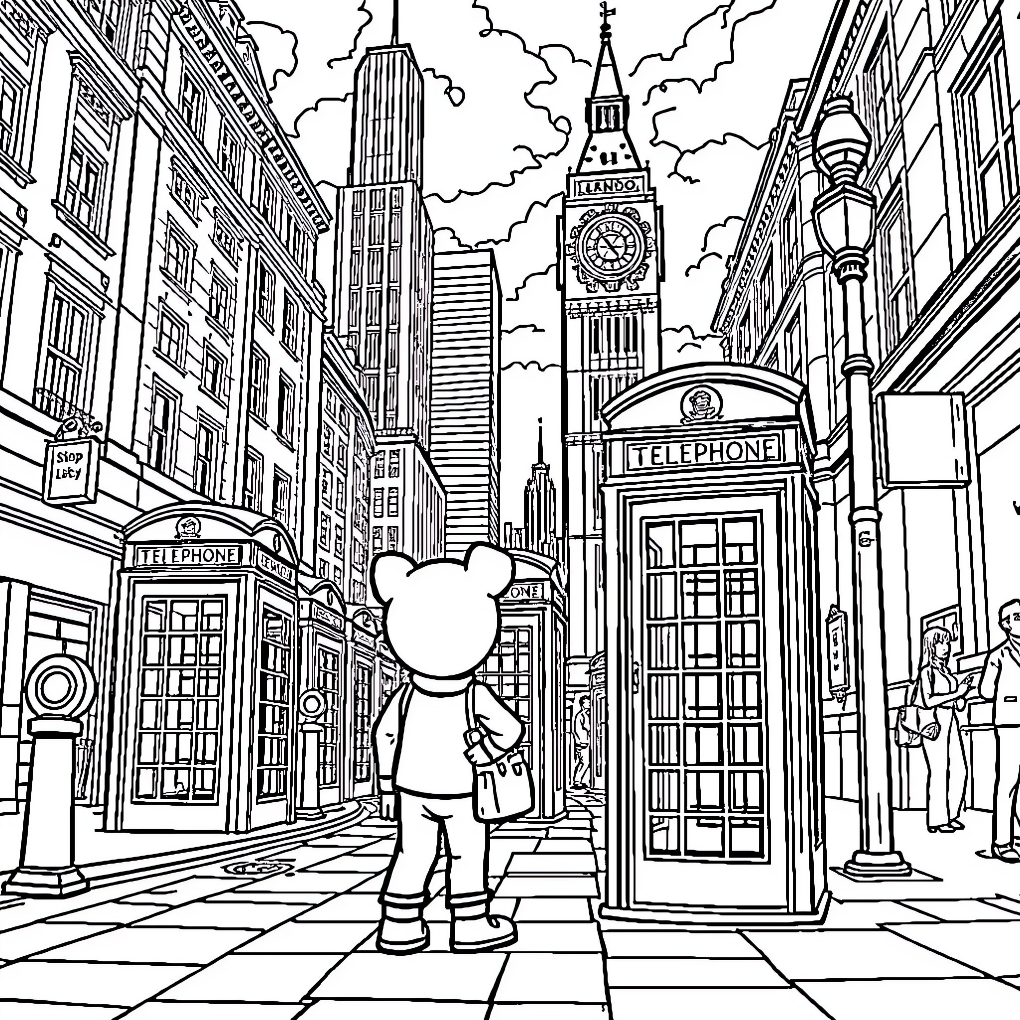 Bluey's Adventure in the Big City Coloring Page (free black-and-white line drawing printable PDF for all, from beginners to advanced learners, including children, teens, adults, and seniors)
