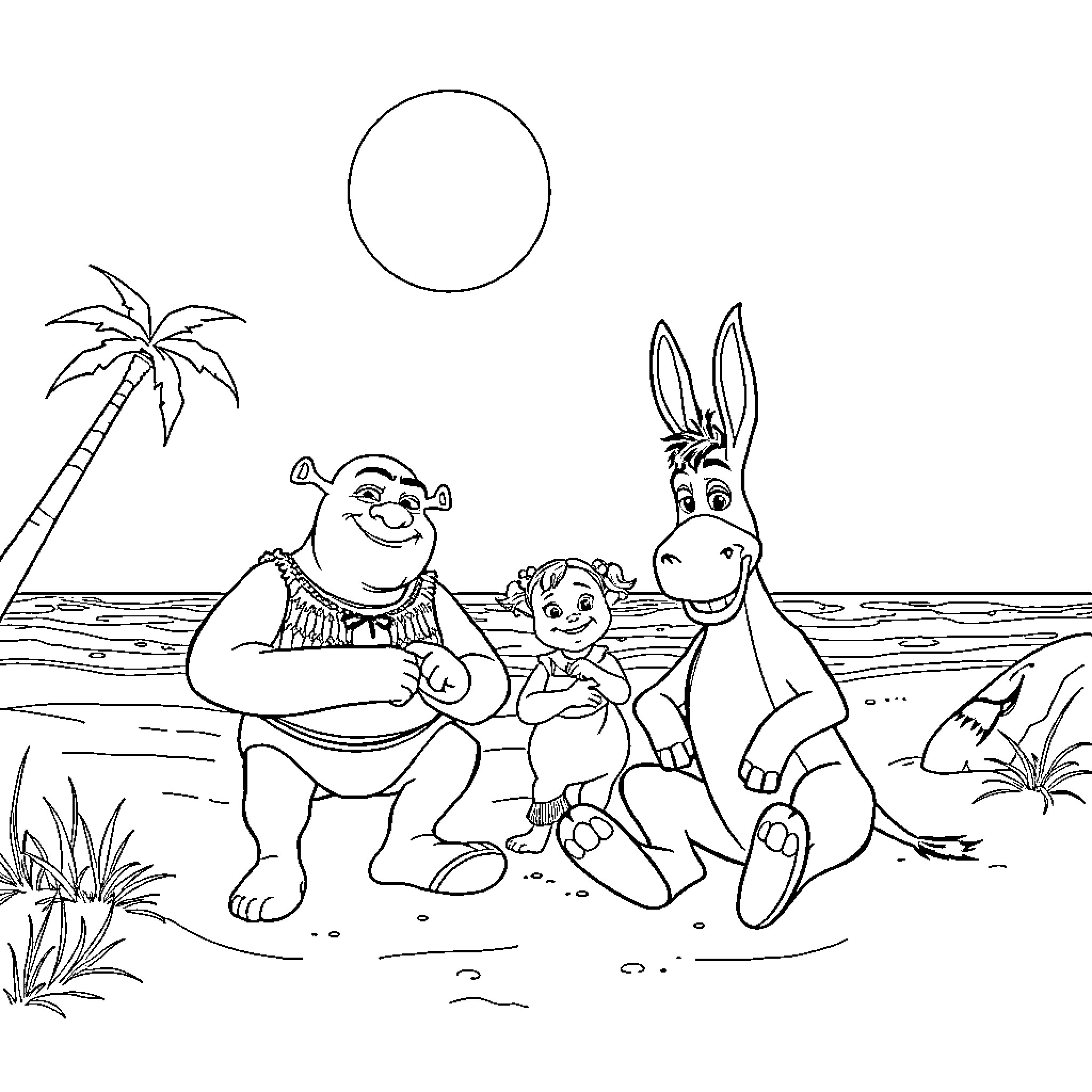 Shrek and friends enjoying the beach Coloring Page (free black-and-white line drawing printable PDF for all, from beginners to advanced learners, including children, teens, adults, and seniors)