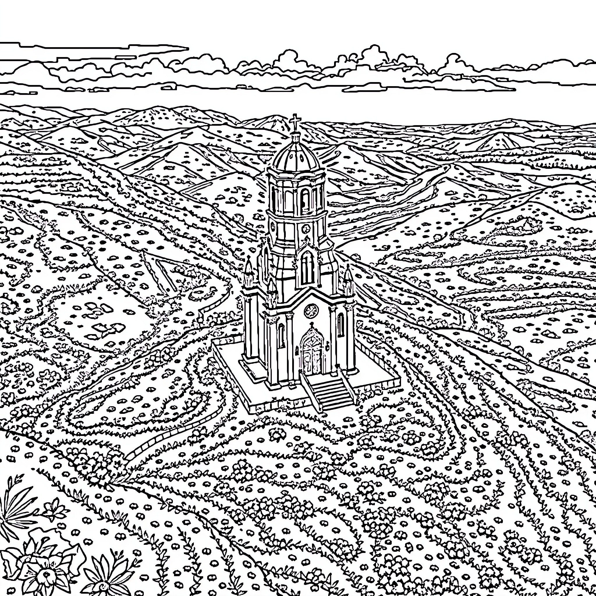 Nossa Senhora do Monte Serrat - Church in Scenic Mountainous Landscape Coloring Page (free black-and-white line drawing printable PDF for all, from beginners to advanced learners, including children, teens, adults, and seniors)