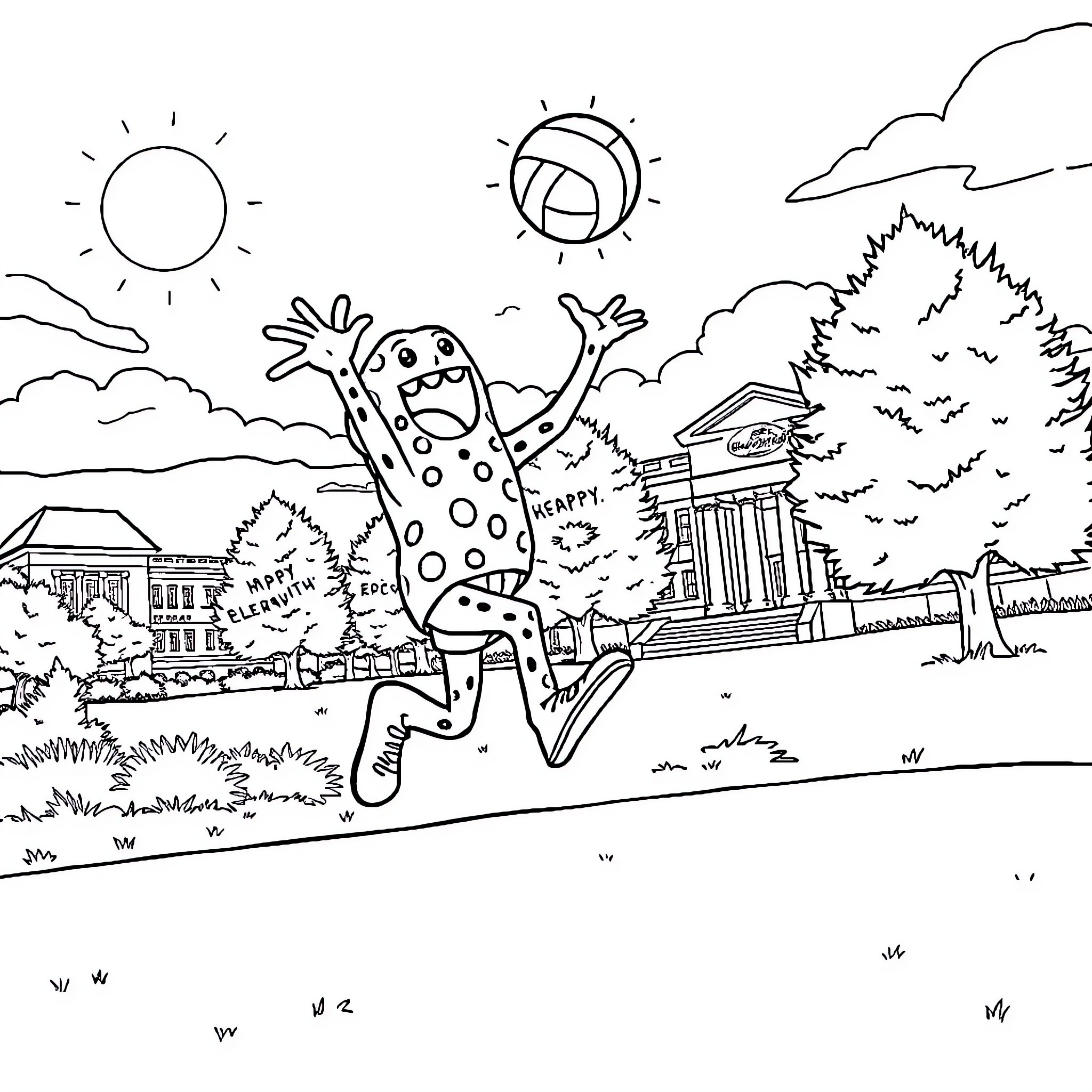 Creeper jumps excitedly in a whimsical town Coloring Page (free black-and-white line drawing printable PDF for all, from beginners to advanced learners, including children, teens, adults, and seniors)