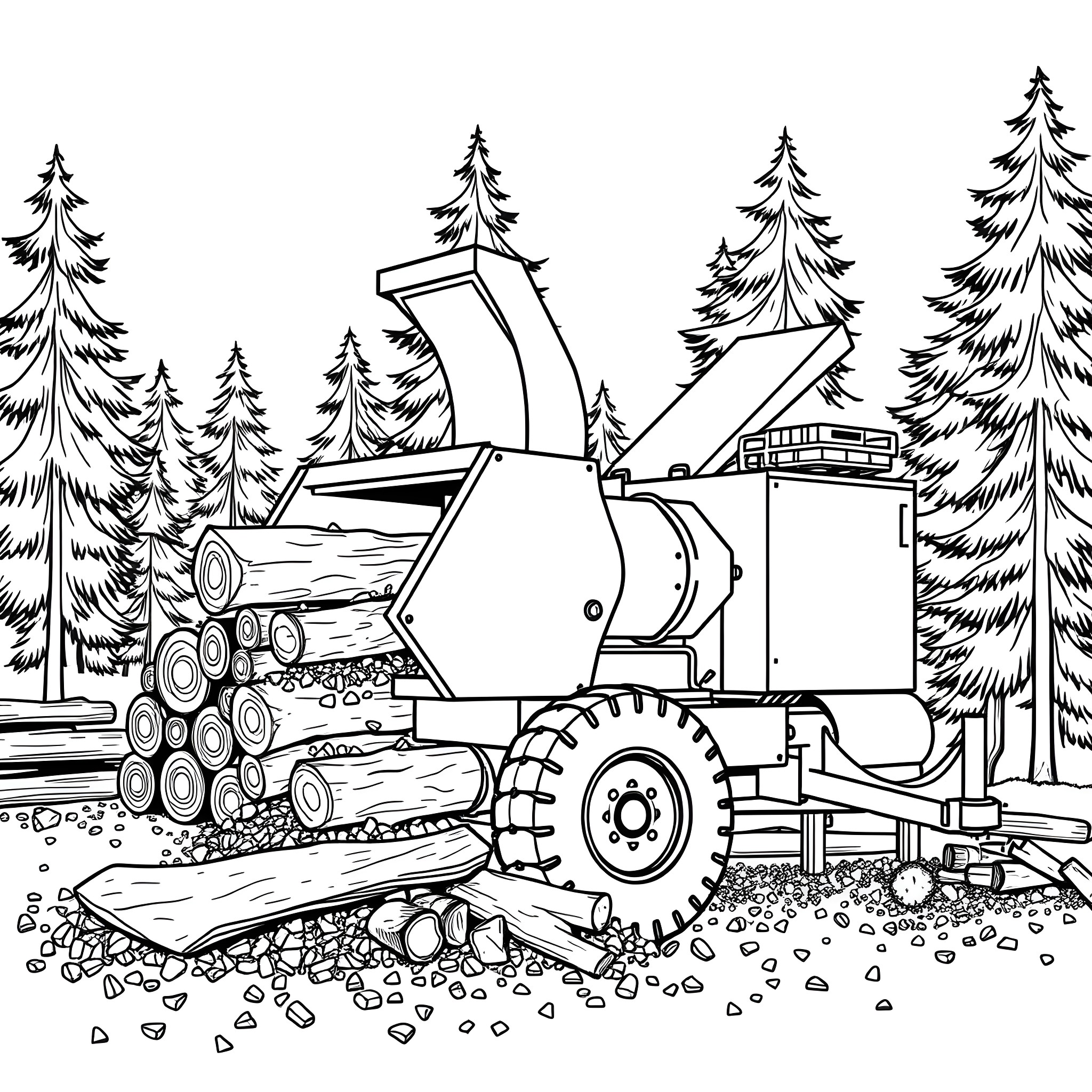 Wood Chipper Processing Logs in the Forested Landscape Coloring Page (free black-and-white line drawing printable PDF for all, from beginners to advanced learners, including children, teens, adults, and seniors)