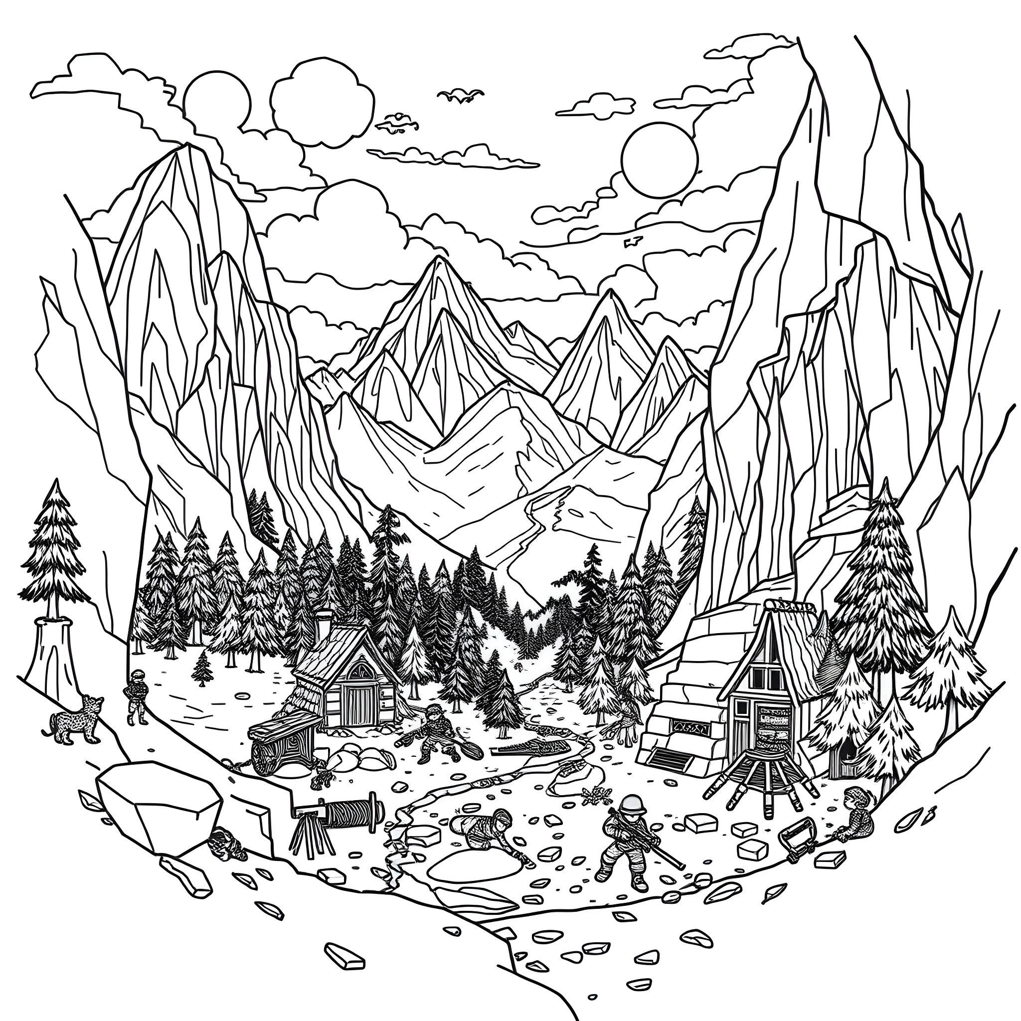 Minecraft Adventurers Exploring Mountainous Landscape Coloring Page (free black-and-white line drawing printable PDF for all, from beginners to advanced learners, including children, teens, adults, and seniors)