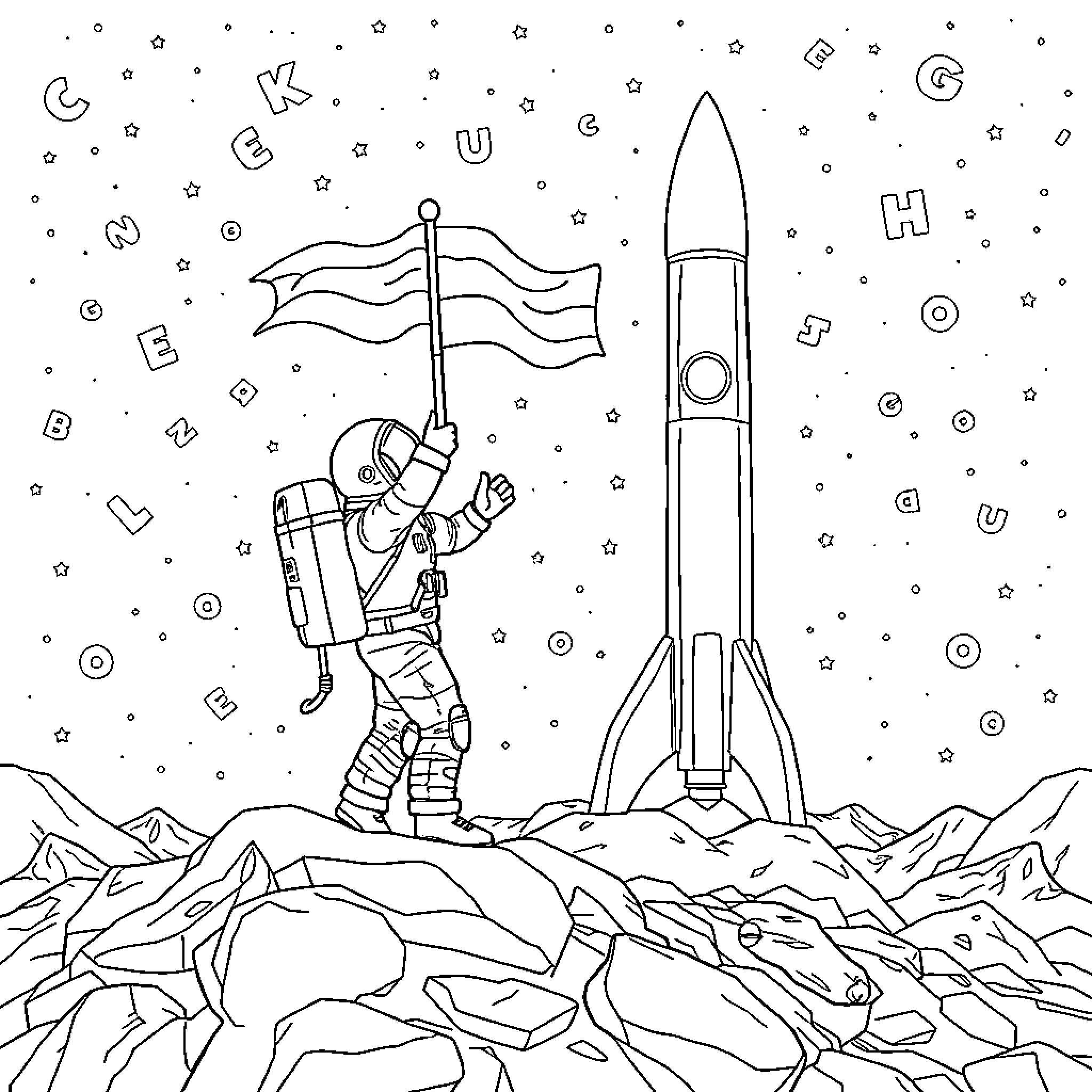 Astronaut planting flag on rocky alien landscape Coloring Page (free black-and-white line drawing printable PDF for all, from beginners to advanced learners, including children, teens, adults, and seniors)