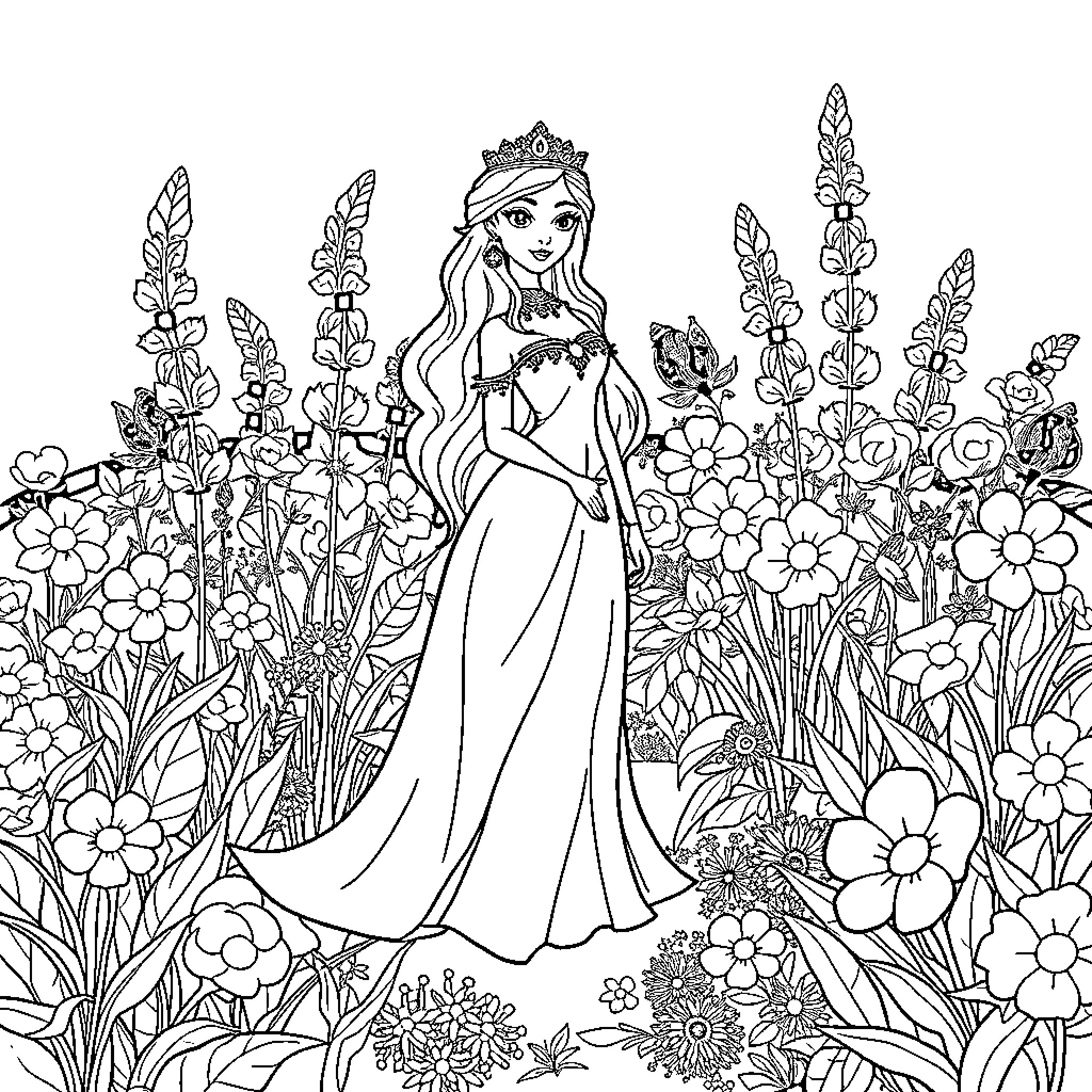 Snow Queen standing gracefully amidst a garden of flowers Coloring Page (free black-and-white line drawing printable PDF for all, from beginners to advanced learners, including children, teens, adults, and seniors)