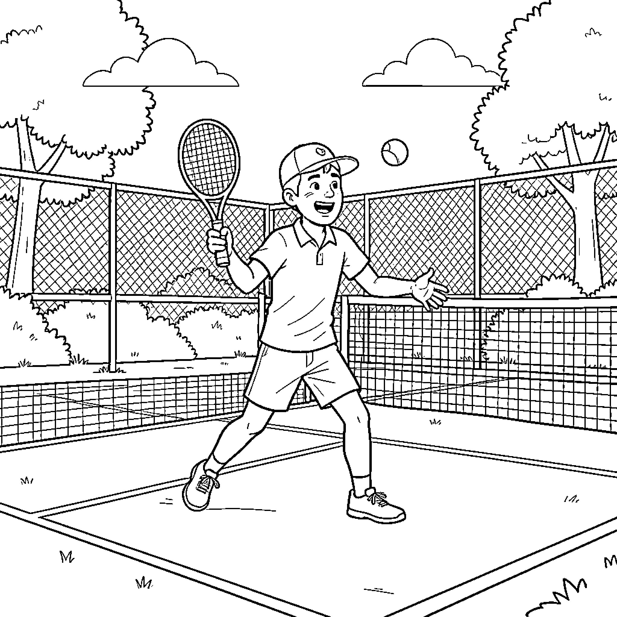 Marcus playing tennis on an outdoor court Coloring Page (free black-and-white line drawing printable PDF for all, from beginners to advanced learners, including children, teens, adults, and seniors)