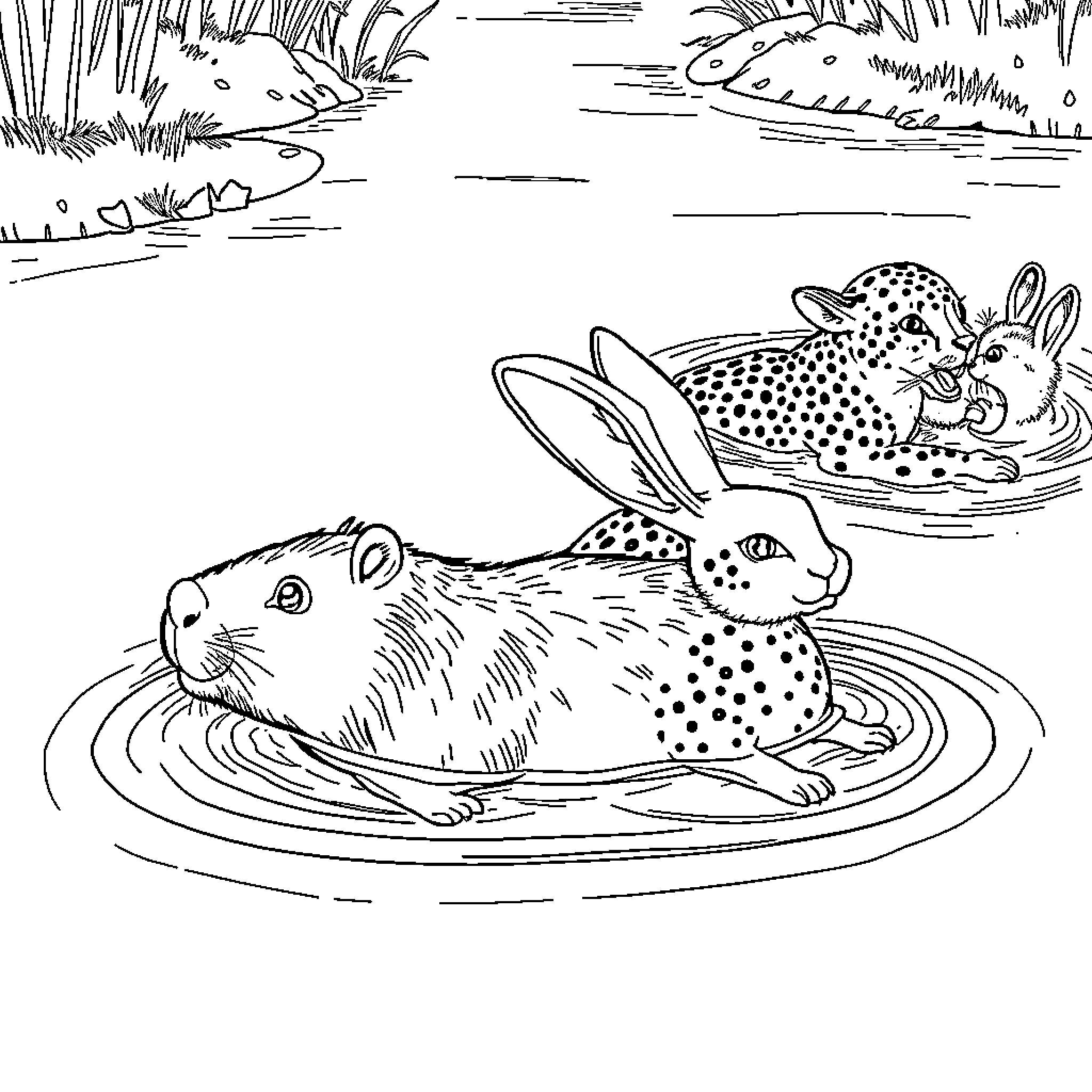 Capybara enjoying a relaxing day in the pond Coloring Page (free black-and-white line drawing printable PDF for all, from beginners to advanced learners, including children, teens, adults, and seniors)