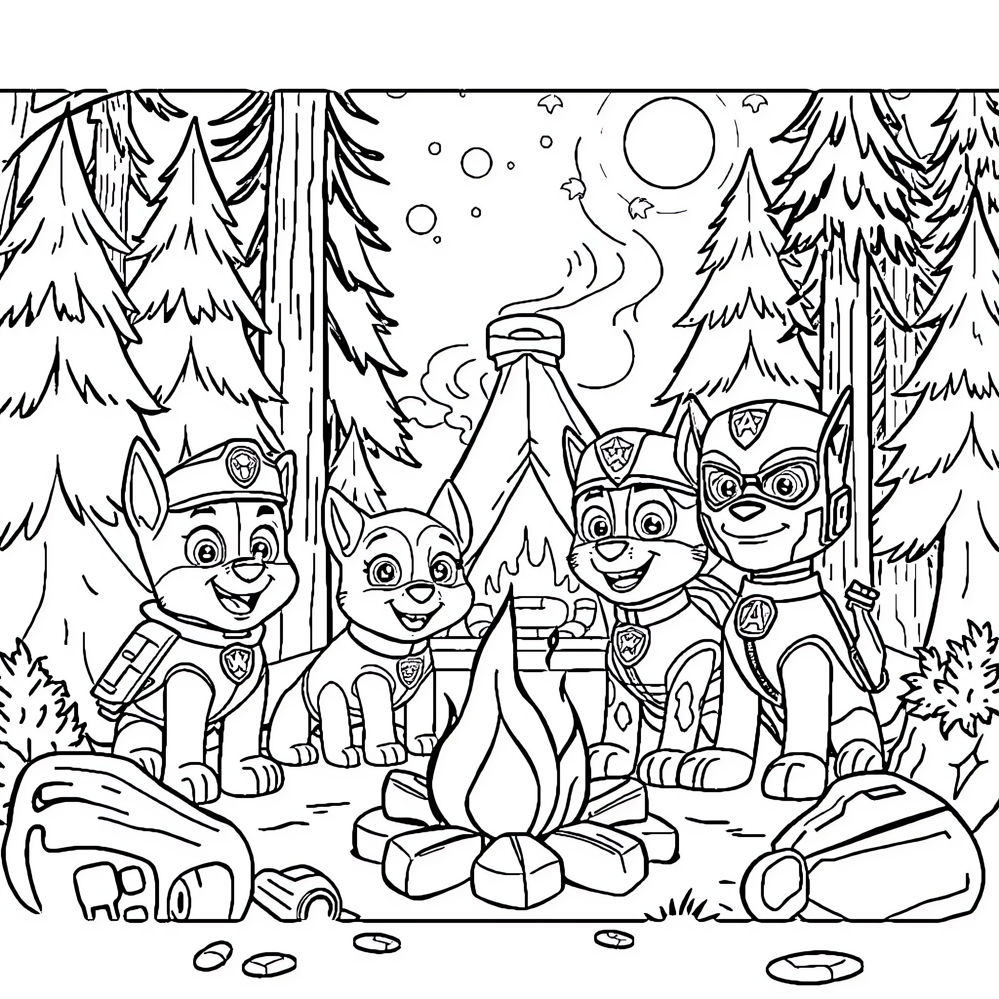 Paw Patrol Pups Enjoying a Campfire in the Woods Coloring Page (free black-and-white line drawing printable PDF for all, from beginners to advanced learners, including children, teens, adults, and seniors)