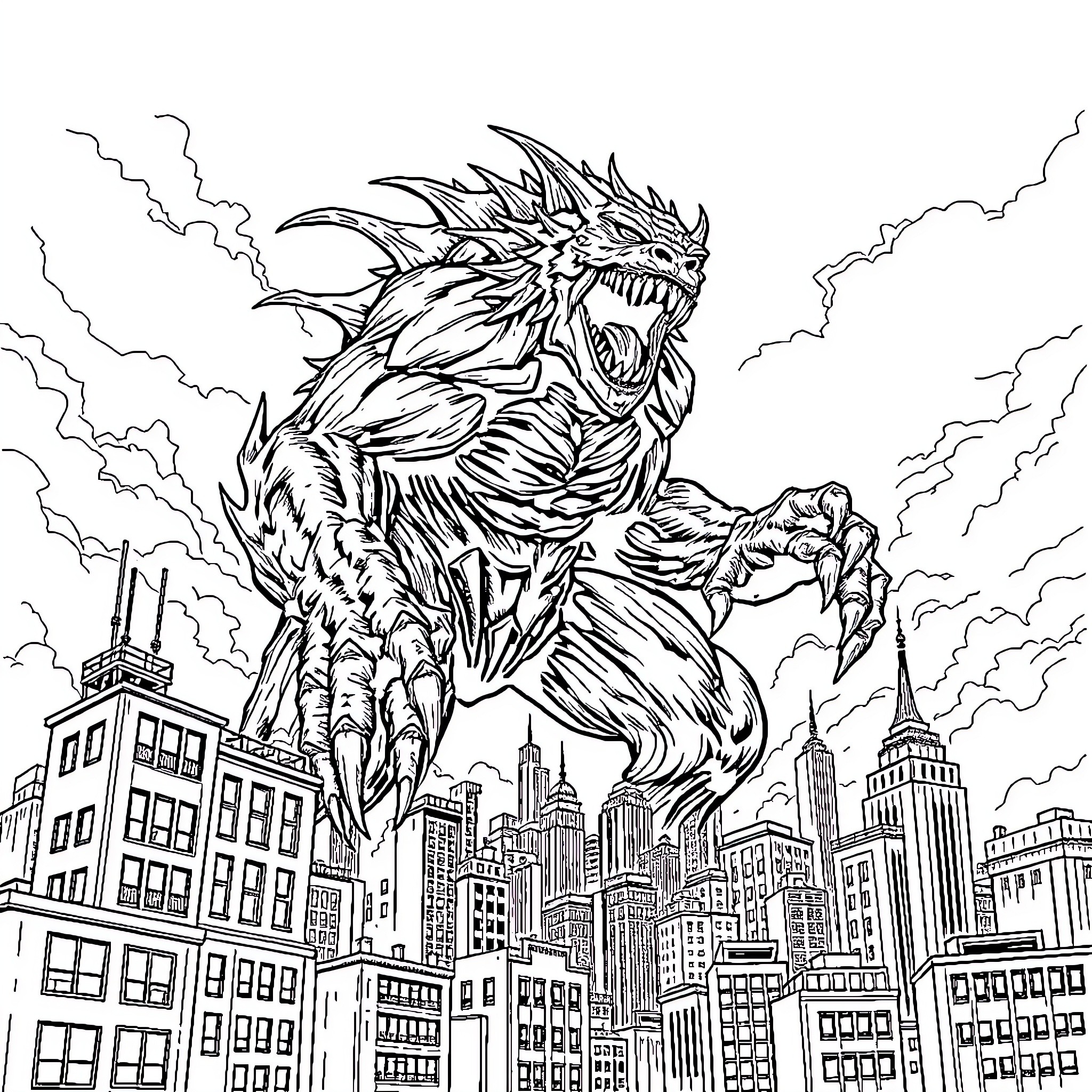 Monster rampaging through the city skyline Coloring Page (free black-and-white line drawing printable PDF for all, from beginners to advanced learners, including children, teens, adults, and seniors)