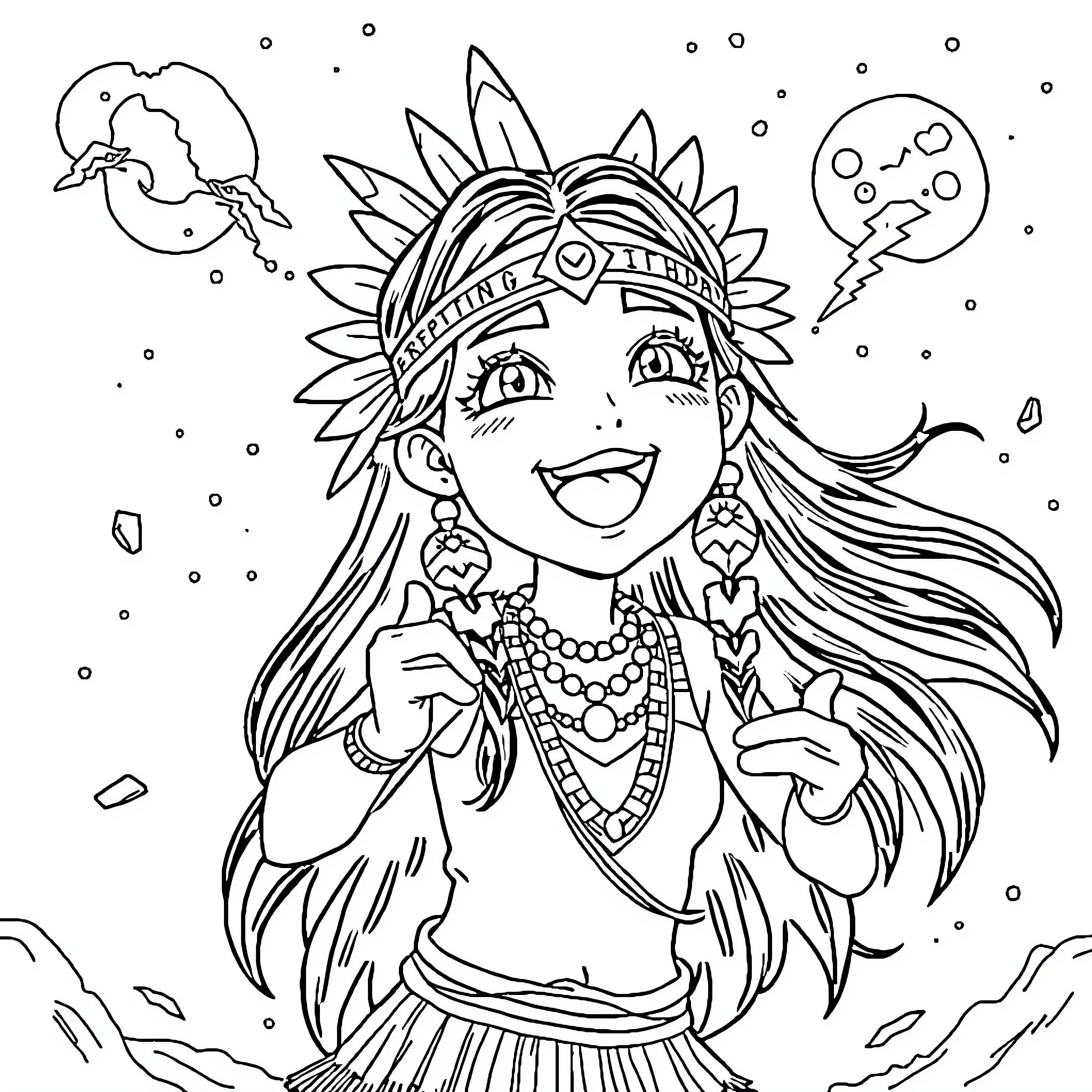 Anime Girl in Ceremonial Outfit Smiling Joyfully Coloring Page (free black-and-white line drawing printable PDF for all, from beginners to advanced learners, including children, teens, adults, and seniors)