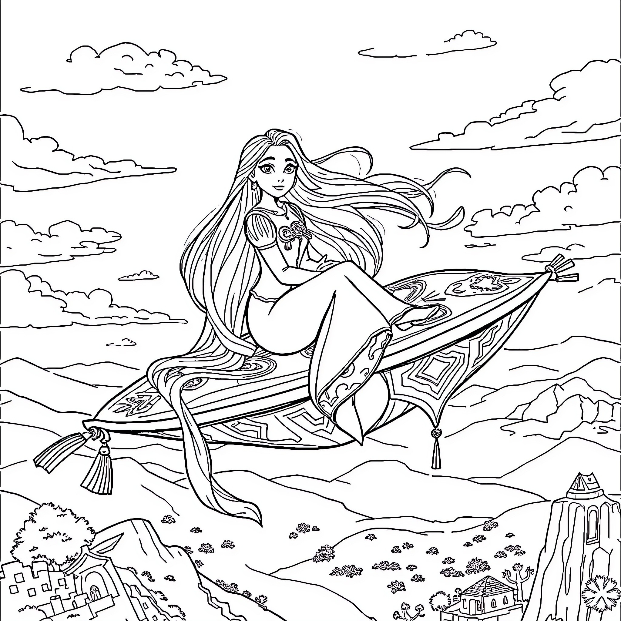 Rapunzel enjoying a magical ride on her enchanted carpet Coloring Page (free black-and-white line drawing printable PDF for all, from beginners to advanced learners, including children, teens, adults, and seniors)
