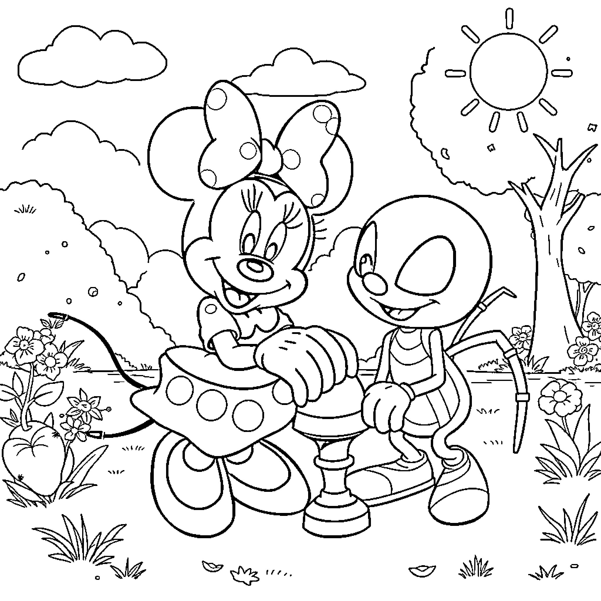 Minnie Mouse and Mickey Mouse playing happily in the park Coloring Page (free black-and-white line drawing printable PDF for all, from beginners to advanced learners, including children, teens, adults, and seniors)