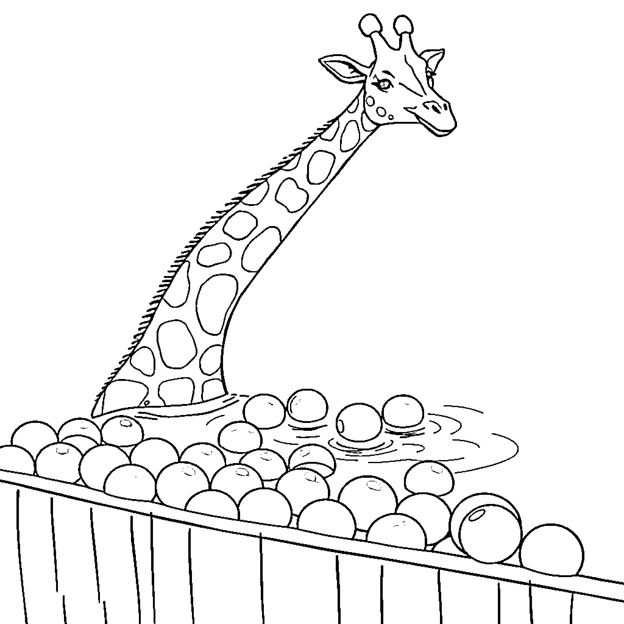 Giraffe lounging in ball pit Coloring Page (free black-and-white line drawing printable PDF for all, from beginners to advanced learners, including children, teens, adults, and seniors)