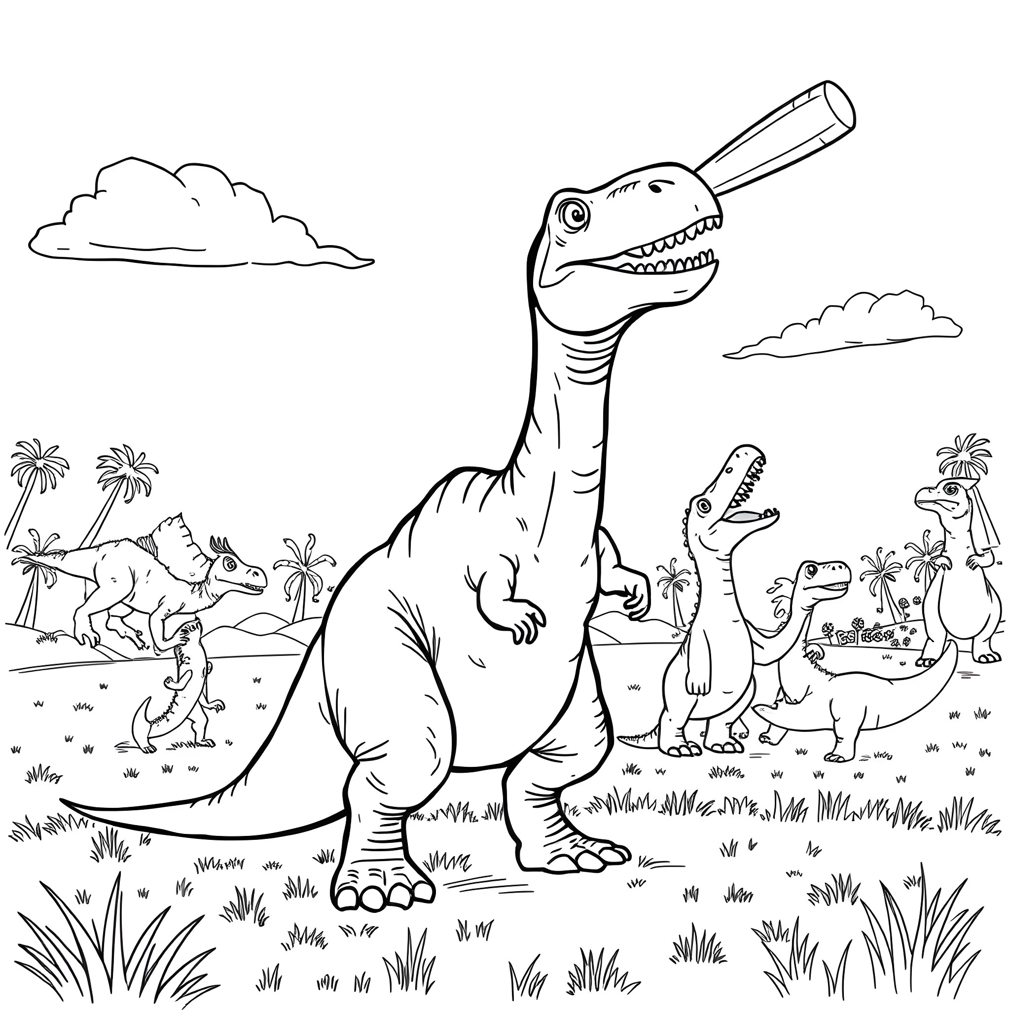 Braccosaurus interacts with prehistoric creatures in the wild Coloring Page (free black-and-white line drawing printable PDF for all, from beginners to advanced learners, including children, teens, adults, and seniors)