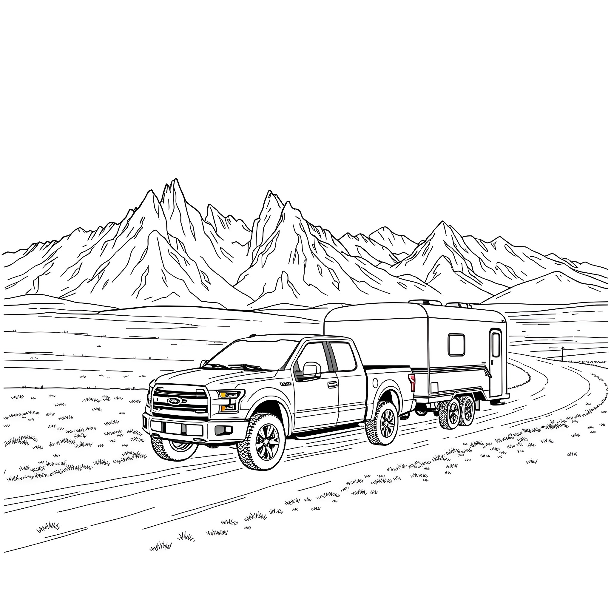 Pickup truck towing camper on mountain road Coloring Page (free black-and-white line drawing printable PDF for all, from beginners to advanced learners, including children, teens, adults, and seniors)
