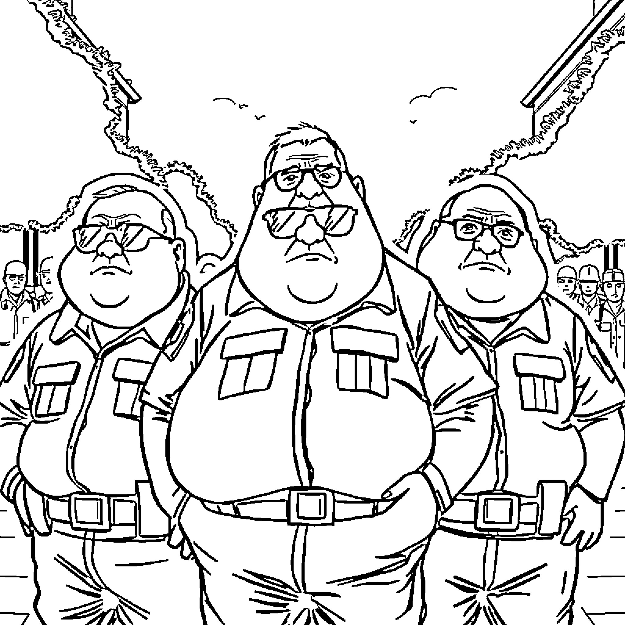 Pig Officers Patrolling the Streets Coloring Page (free black-and-white line drawing printable PDF for all, from beginners to advanced learners, including children, teens, adults, and seniors)