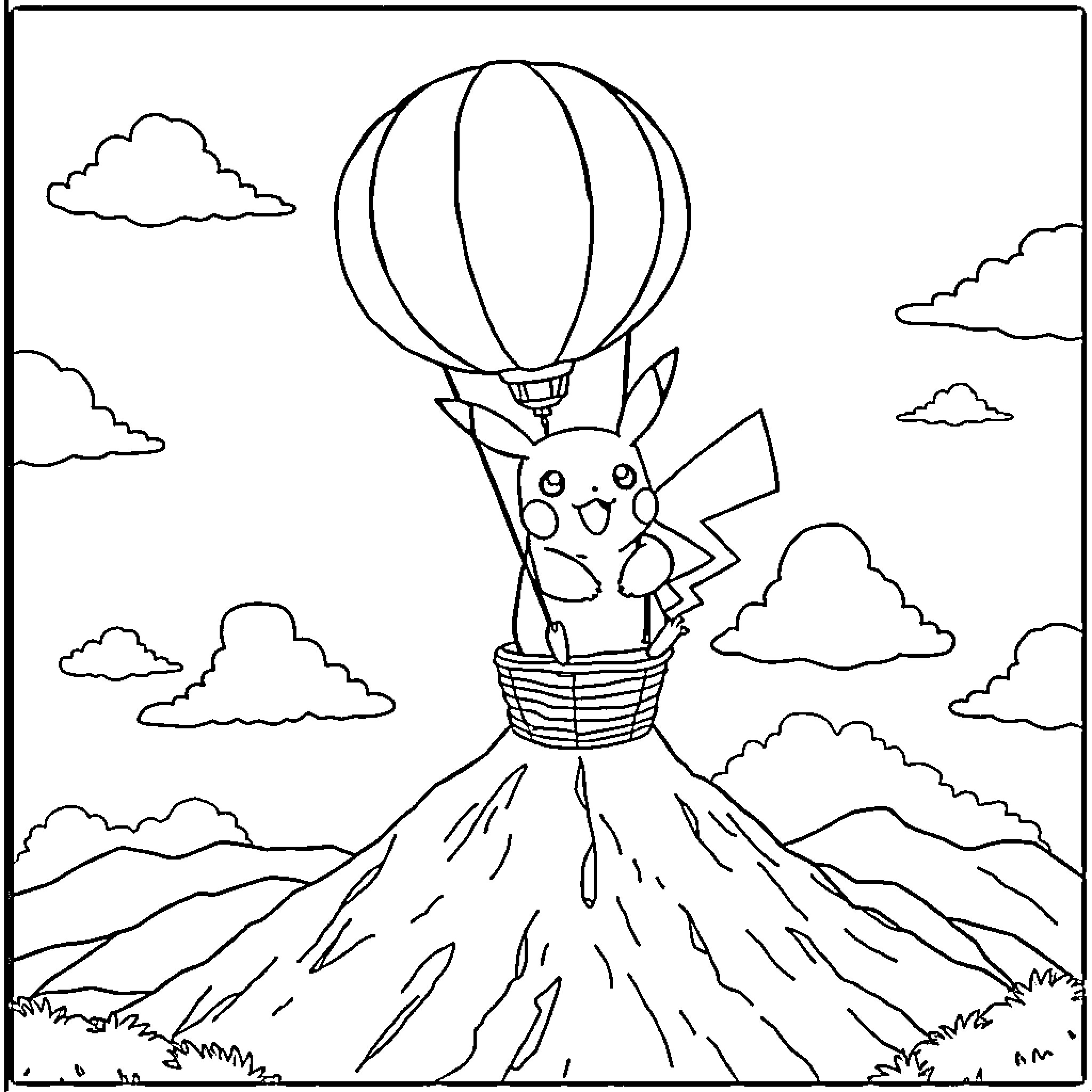 Pikachu riding hot air balloon over mountains Coloring Page (free black-and-white line drawing printable PDF for all, from beginners to advanced learners, including children, teens, adults, and seniors)