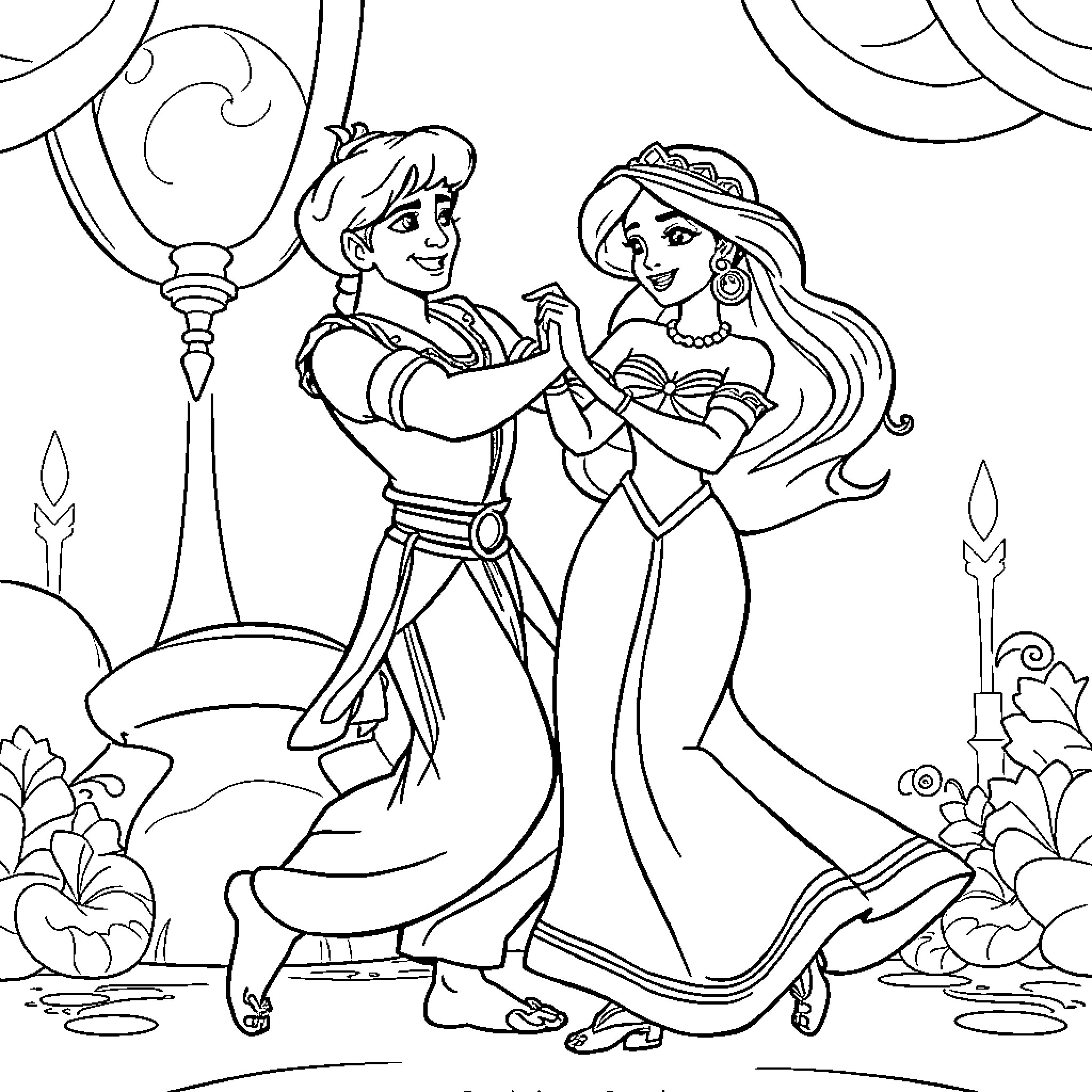 Aladdin and Jasmine dancing gracefully together Coloring Page (free black-and-white line drawing printable PDF for all, from beginners to advanced learners, including children, teens, adults, and seniors)