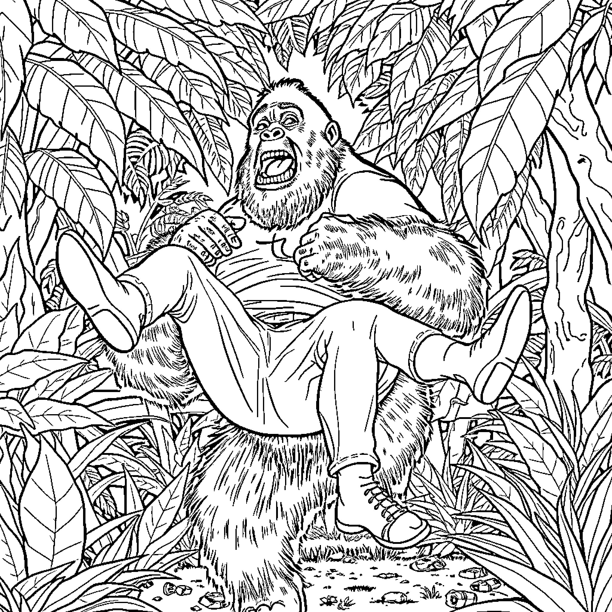 Gorilla growling ferociously in the dense jungle Coloring Page (free black-and-white line drawing printable PDF for all, from beginners to advanced learners, including children, teens, adults, and seniors)