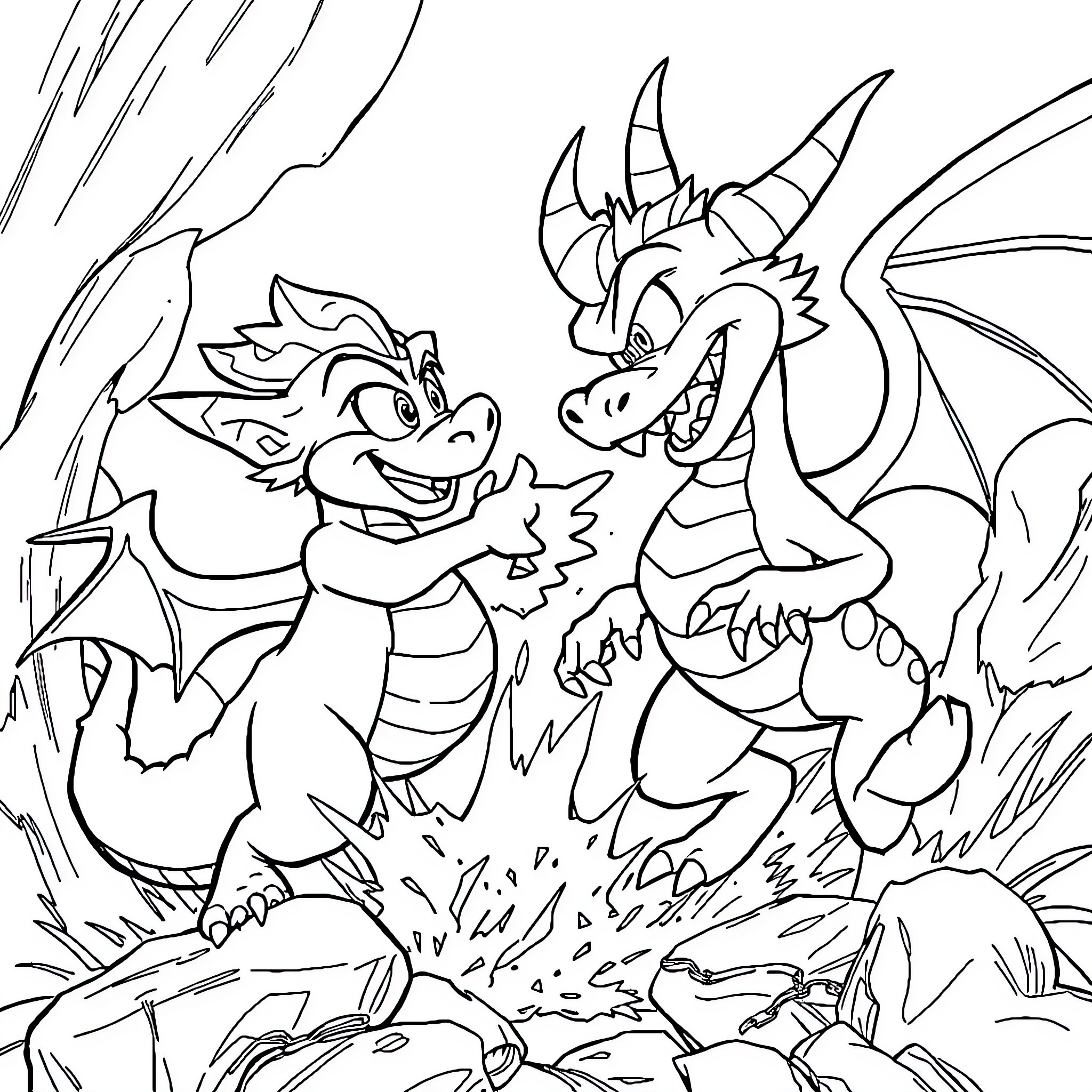 Spyro the Dragon facing off against another dragon Coloring Page (free black-and-white line drawing printable PDF for all, from beginners to advanced learners, including children, teens, adults, and seniors)