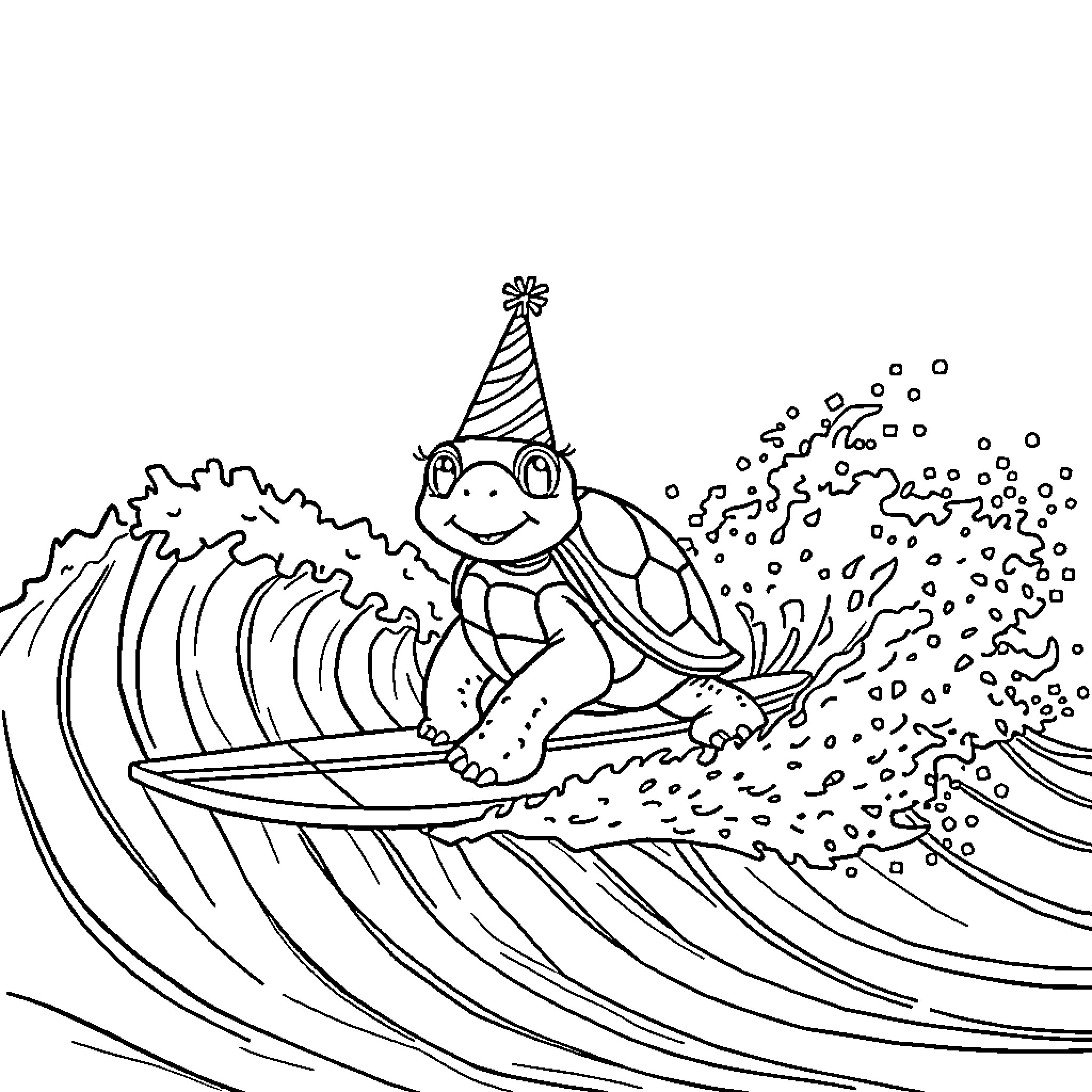 Turtle surfing through ocean waves Coloring Page (free black-and-white line drawing printable PDF for all, from beginners to advanced learners, including children, teens, adults, and seniors)