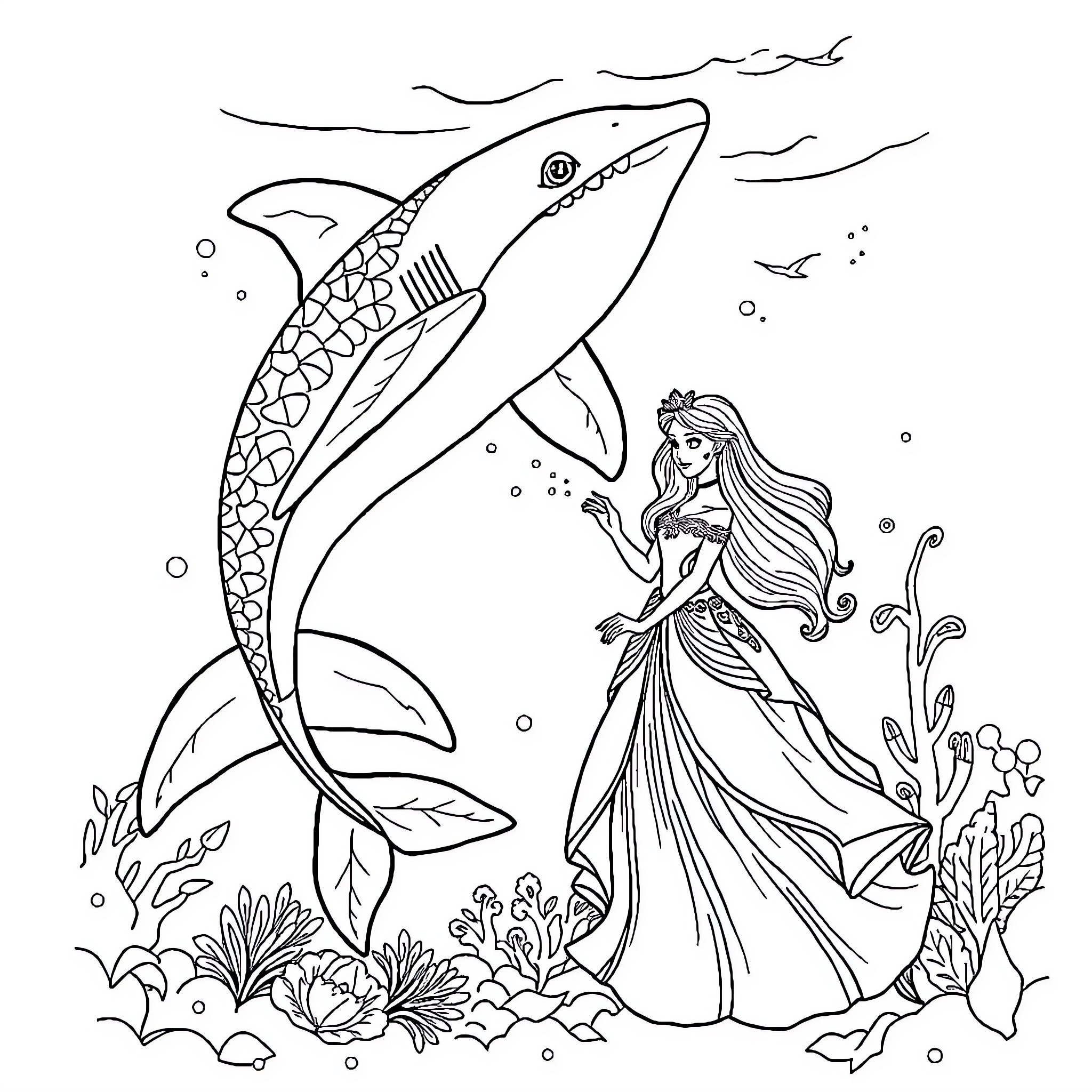 Unicorn mermaid swimming with a large shark Coloring Page (free black-and-white line drawing printable PDF for all, from beginners to advanced learners, including children, teens, adults, and seniors)
