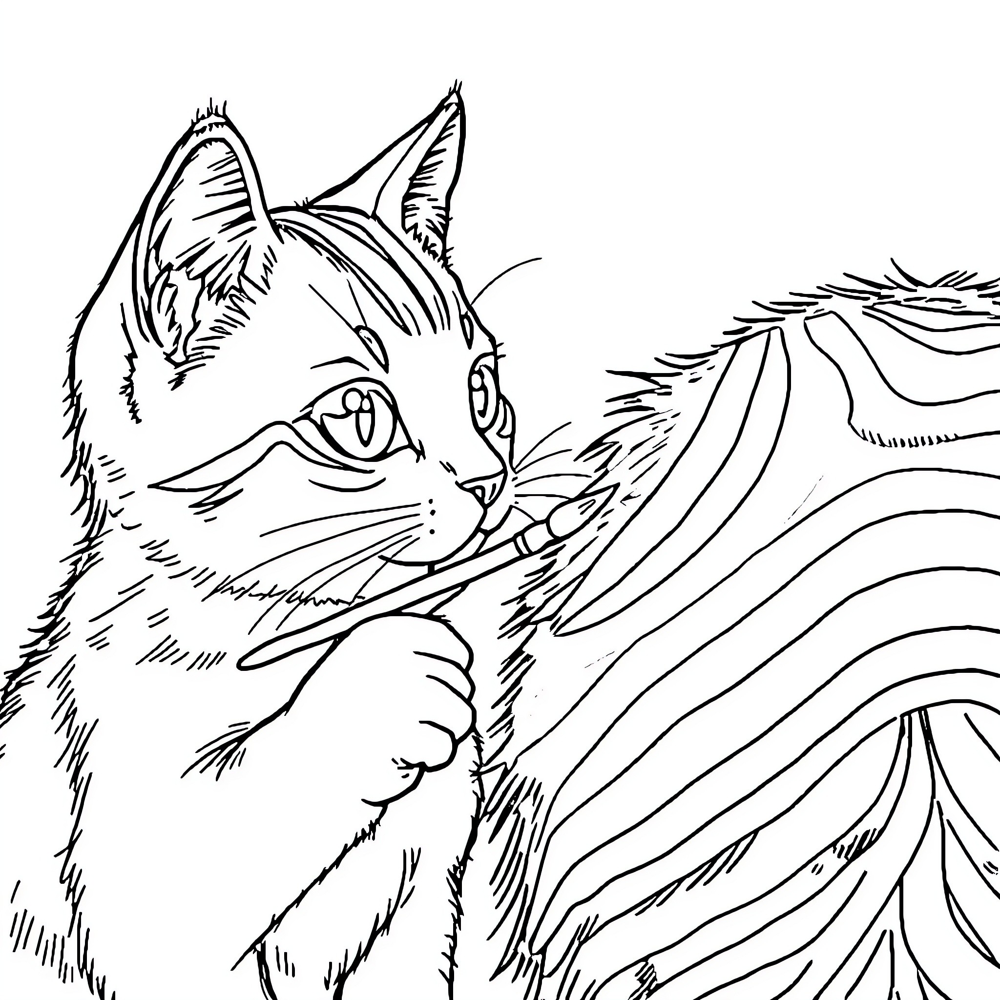 Cat hiding in the bushes Coloring Page (free black-and-white line drawing printable PDF for all, from beginners to advanced learners, including children, teens, adults, and seniors)