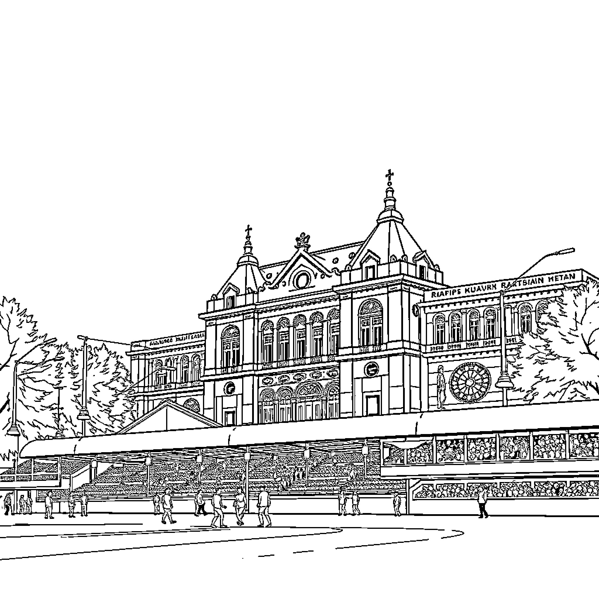 Rapid Wien Stadium Architectural Structure Coloring Page (free black-and-white line drawing printable PDF for all, from beginners to advanced learners, including children, teens, adults, and seniors)