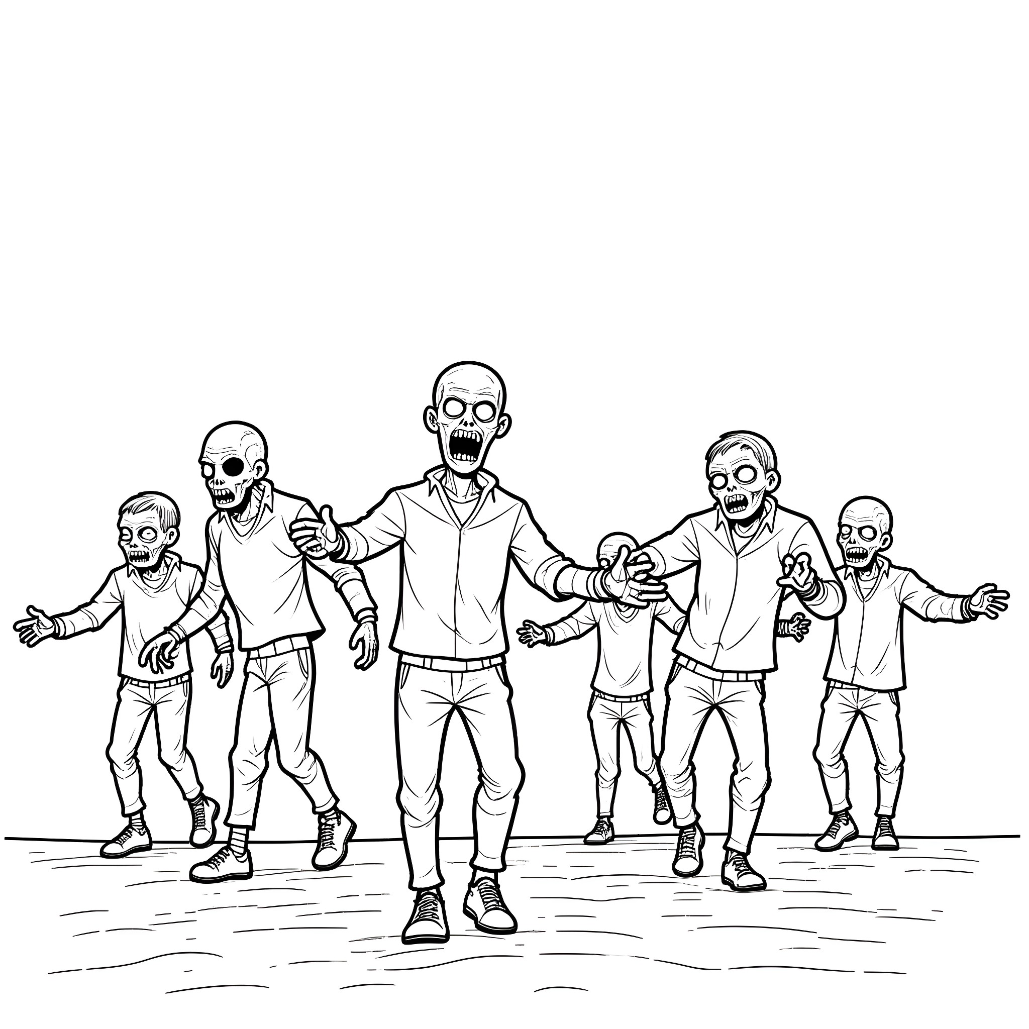 Zombie mob attacking fearlessly Coloring Page (free black-and-white line drawing printable PDF for all, from beginners to advanced learners, including children, teens, adults, and seniors)
