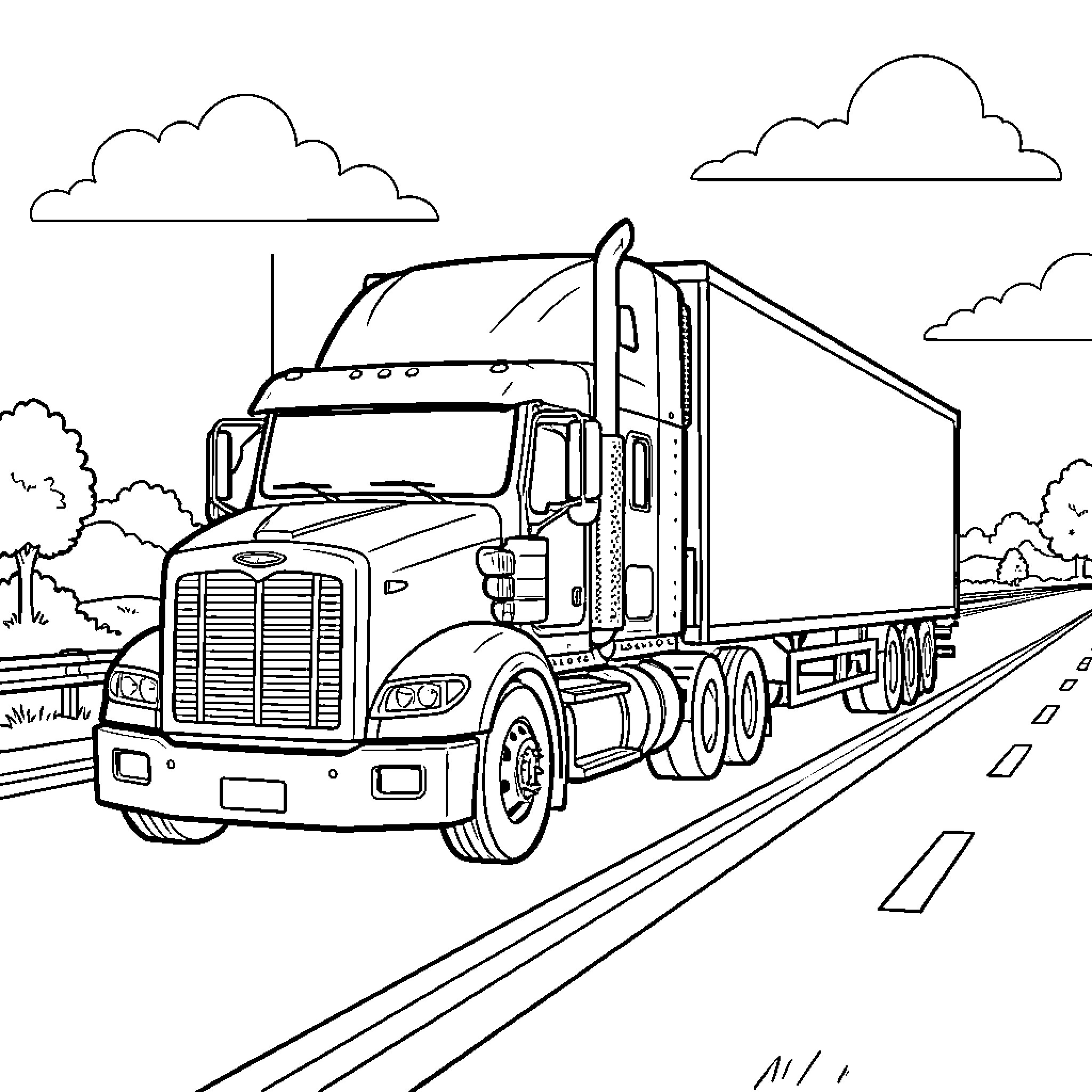 Truck driving along a highway under cloudy skies Coloring Page (free black-and-white line drawing printable PDF for all, from beginners to advanced learners, including children, teens, adults, and seniors)