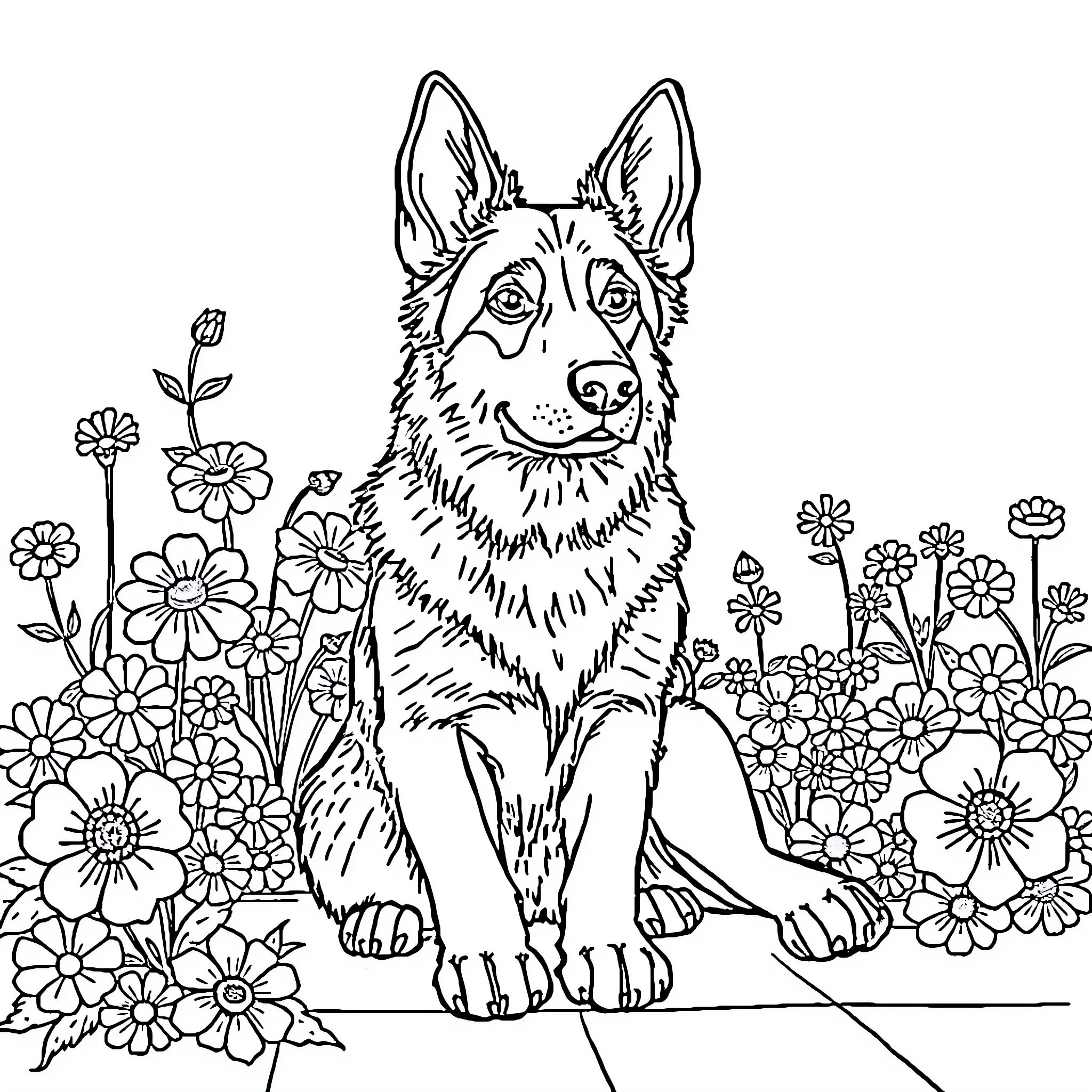German Shepherd posing amidst vibrant flowers Coloring Page (free black-and-white line drawing printable PDF for all, from beginners to advanced learners, including children, teens, adults, and seniors)