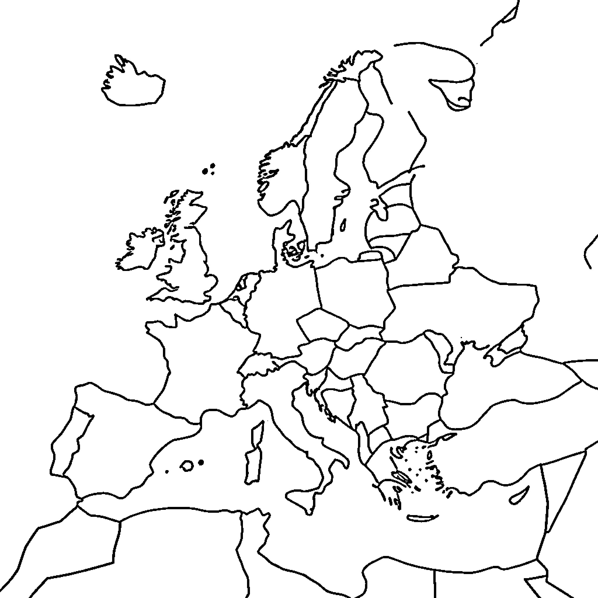Europe Map Outline Depicting Simplistic Country Borders Coloring Page (free black-and-white line drawing printable PDF for all, from beginners to advanced learners, including children, teens, adults, and seniors)