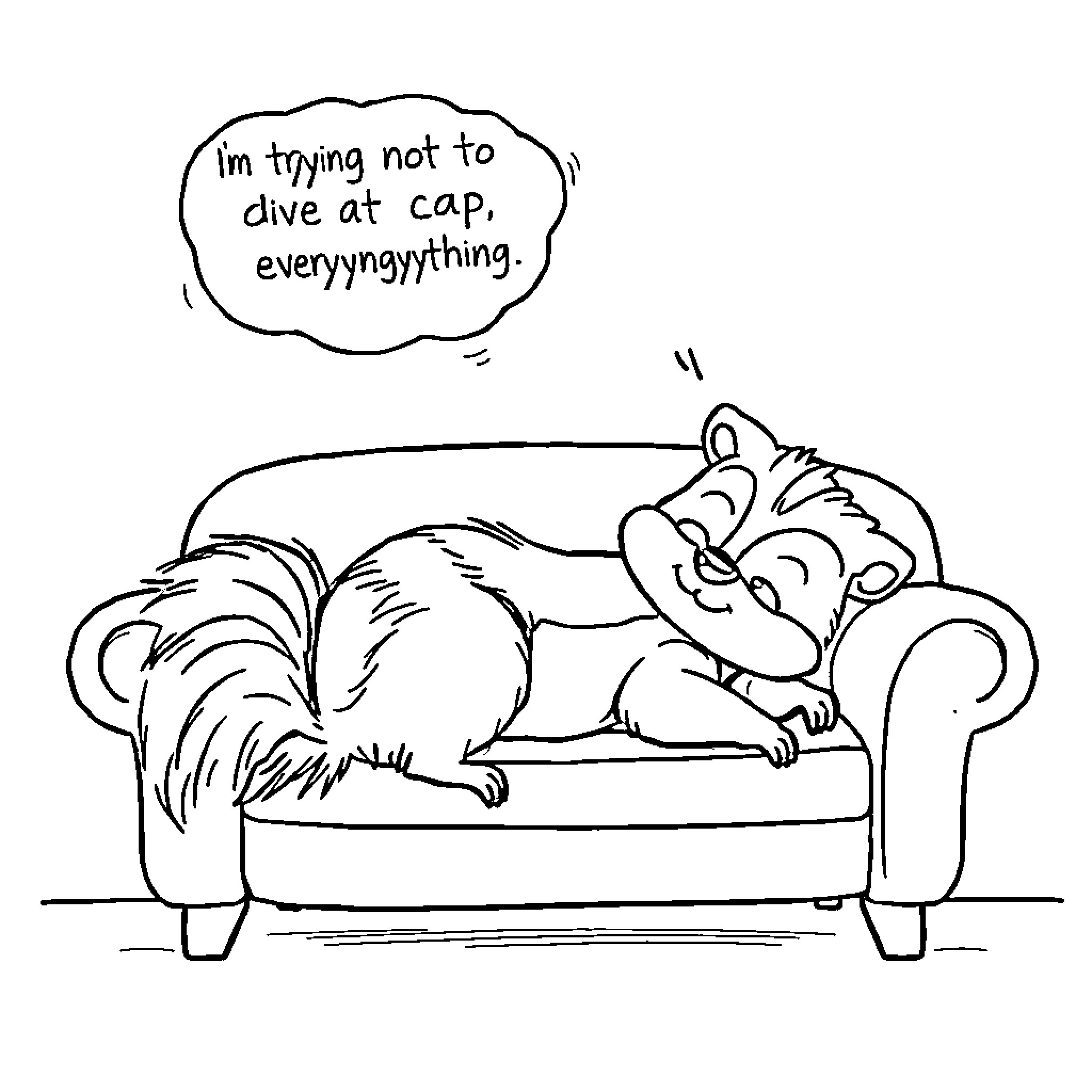 Skunk relaxing on the couch and expressing itself Coloring Page (free black-and-white line drawing printable PDF for all, from beginners to advanced learners, including children, teens, adults, and seniors)