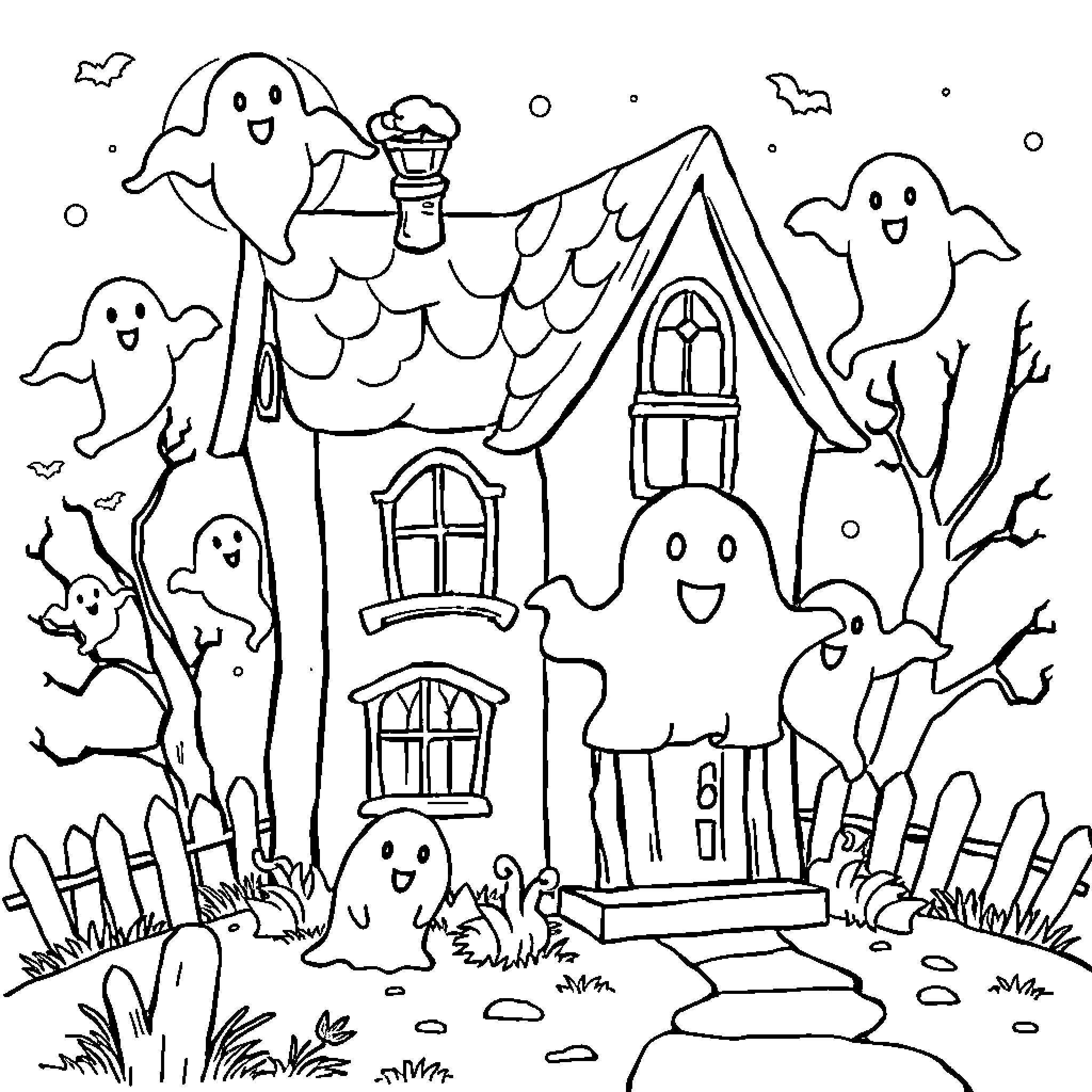 Haunted House with Playful Ghosts and Spooky Atmosphere Coloring Page (free black-and-white line drawing printable PDF for all, from beginners to advanced learners, including children, teens, adults, and seniors)