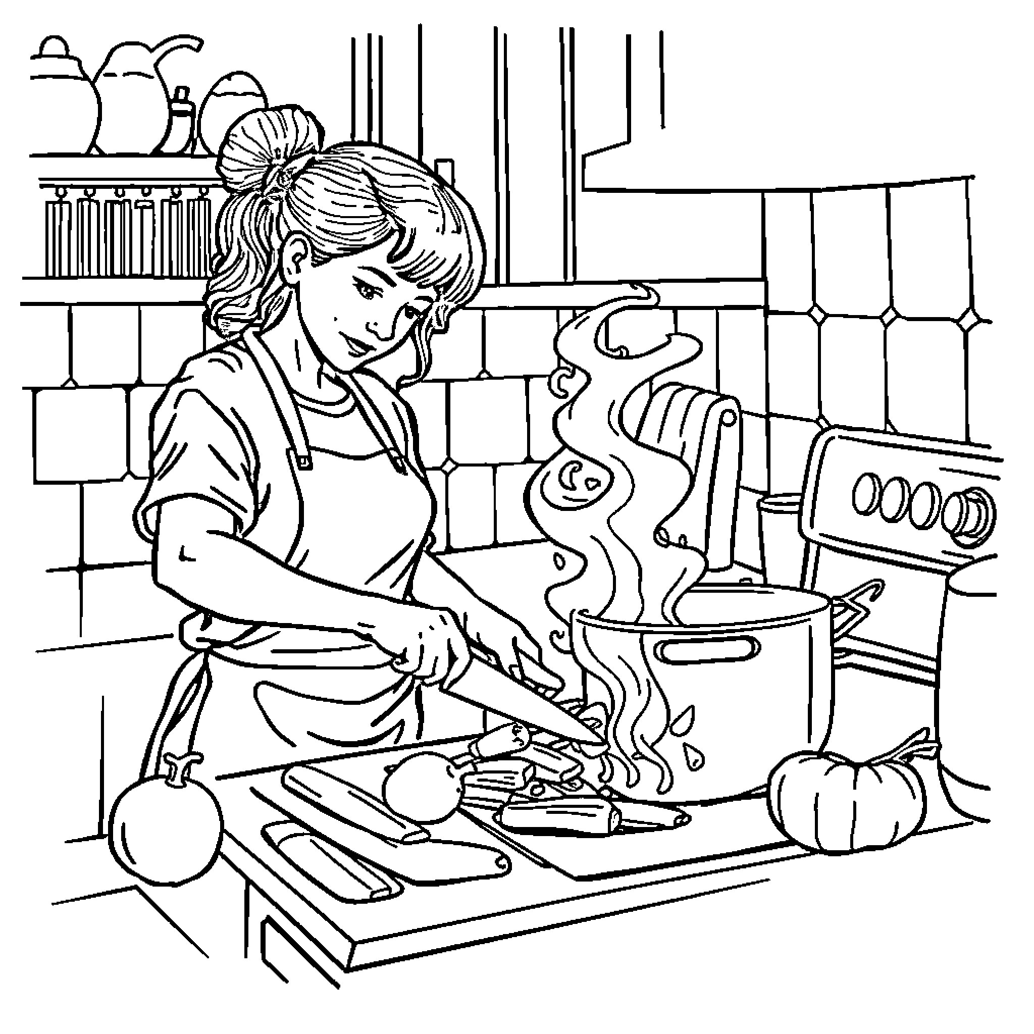 Cooking a delicious meal in the kitchen Coloring Page (free black-and-white line drawing printable PDF for all, from beginners to advanced learners, including children, teens, adults, and seniors)