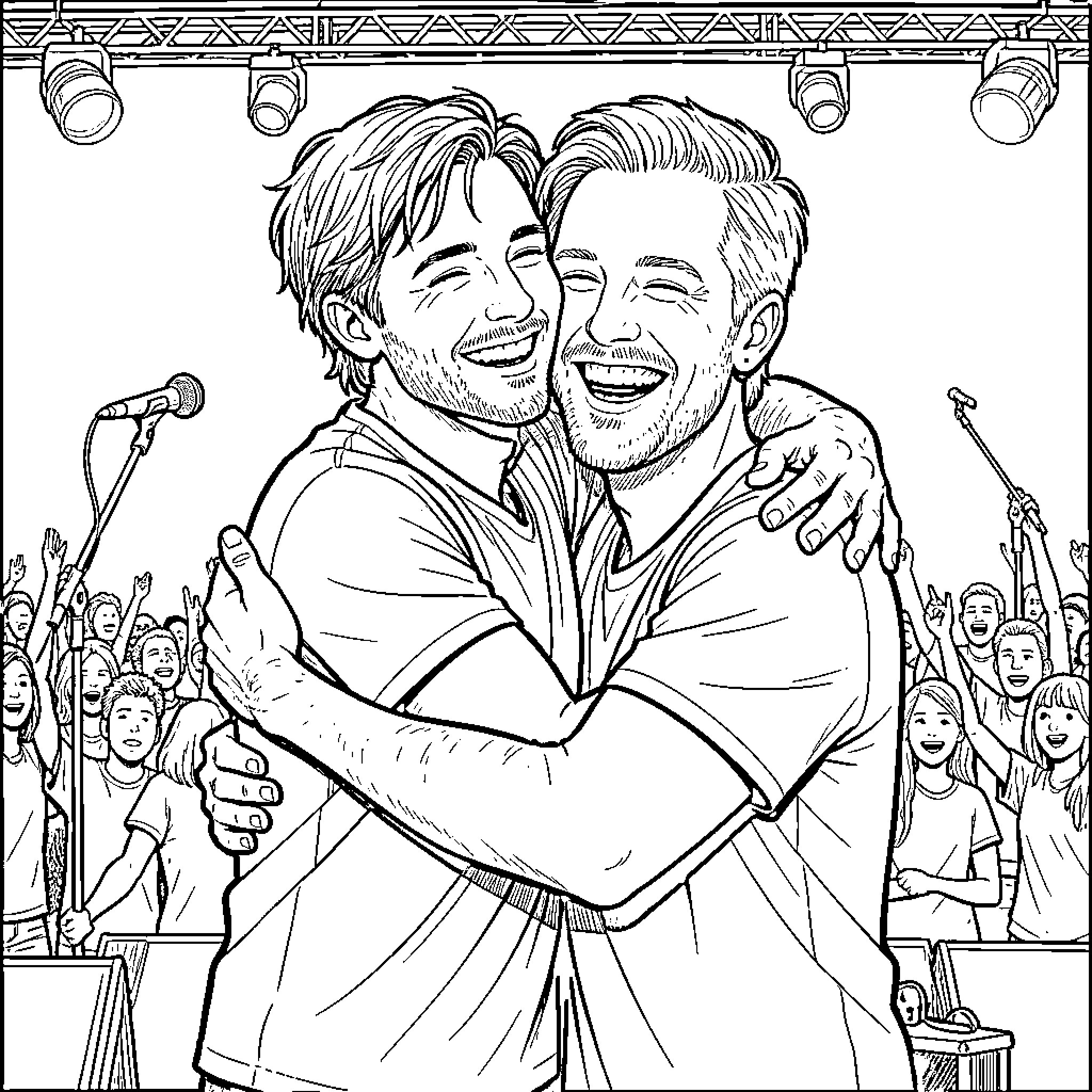 Tyler Joseph and Friend Embrace Onstage Coloring Page (free black-and-white line drawing printable PDF for all, from beginners to advanced learners, including children, teens, adults, and seniors)