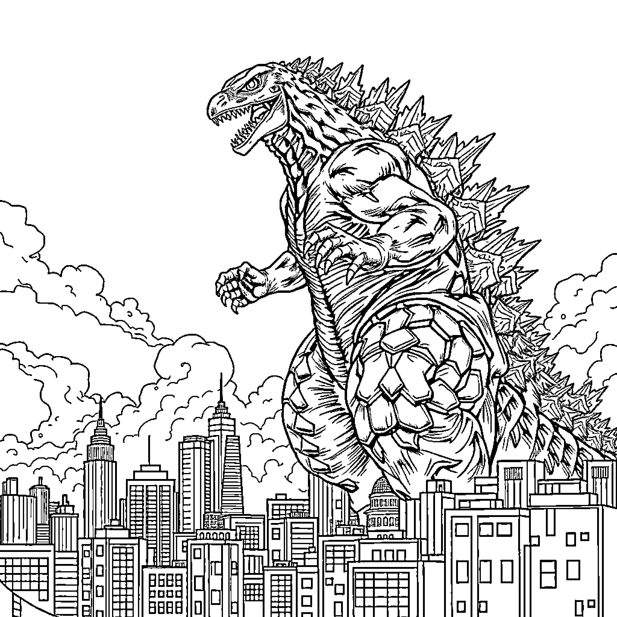 Godzilla rampaging through the city skyline Coloring Page (free black-and-white line drawing printable PDF for all, from beginners to advanced learners, including children, teens, adults, and seniors)