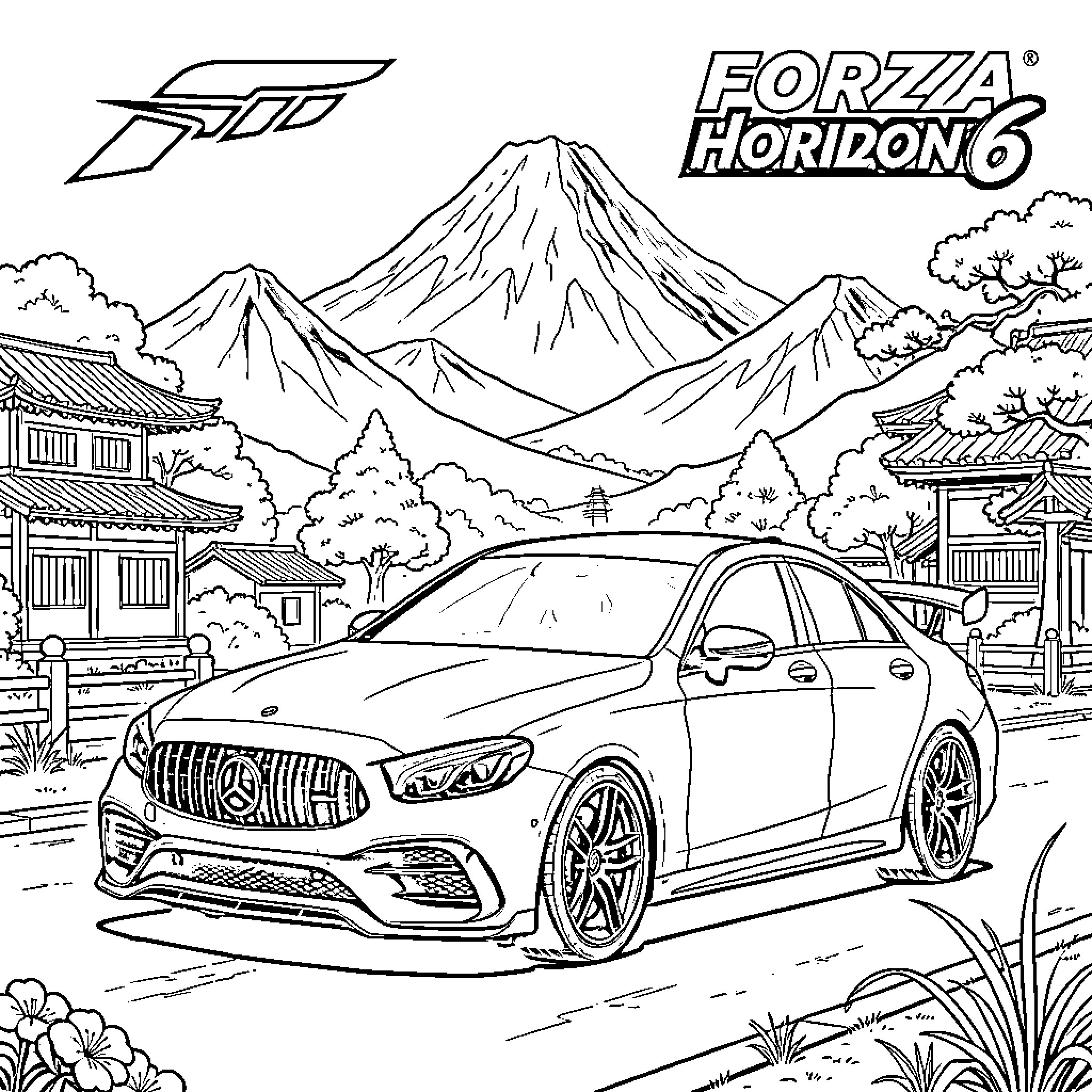 Car driving through a scenic mountain landscape Coloring Page (free black-and-white line drawing printable PDF for all, from beginners to advanced learners, including children, teens, adults, and seniors)