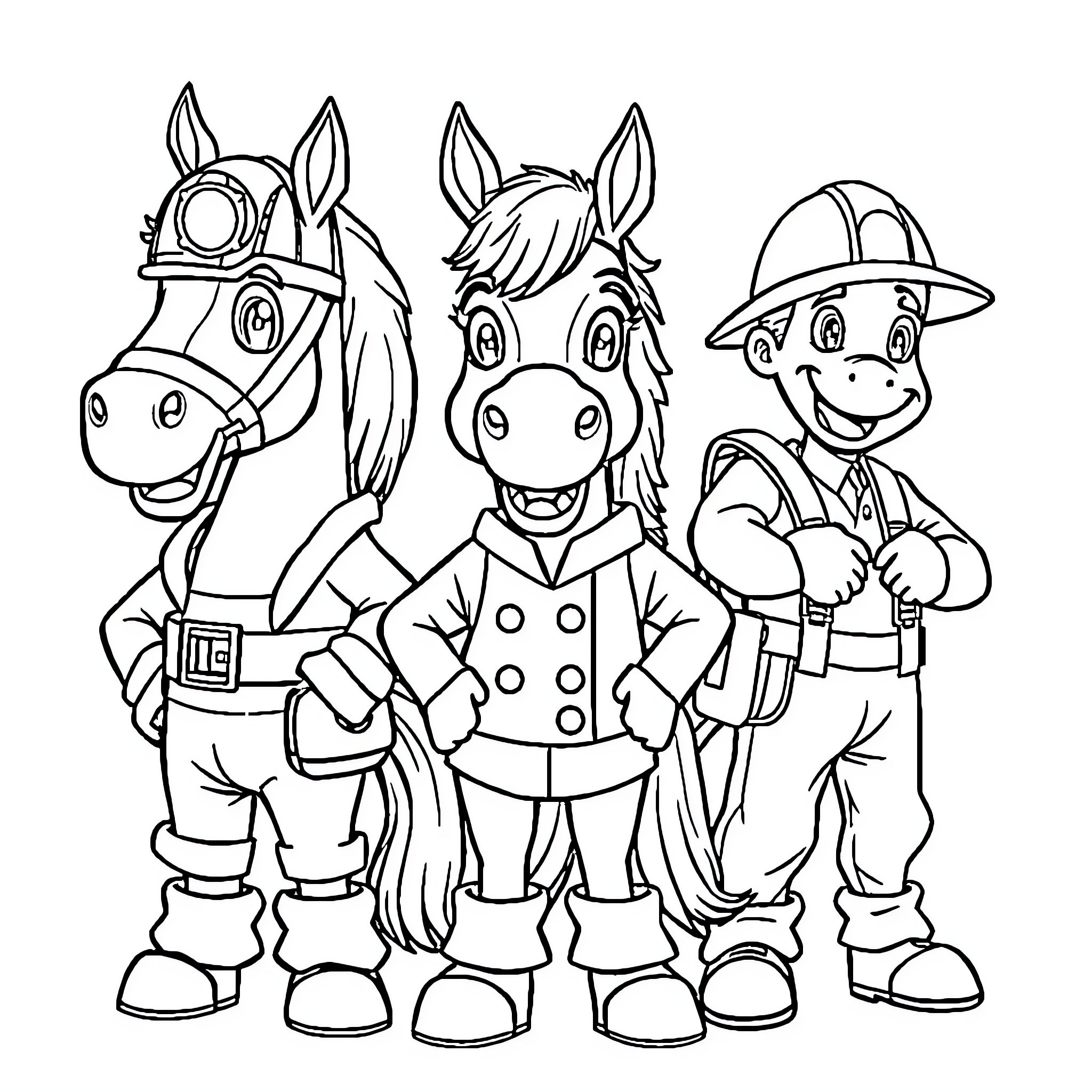 Horses and firefighter in cartoon outfits Coloring Page (free black-and-white line drawing printable PDF for all, from beginners to advanced learners, including children, teens, adults, and seniors)