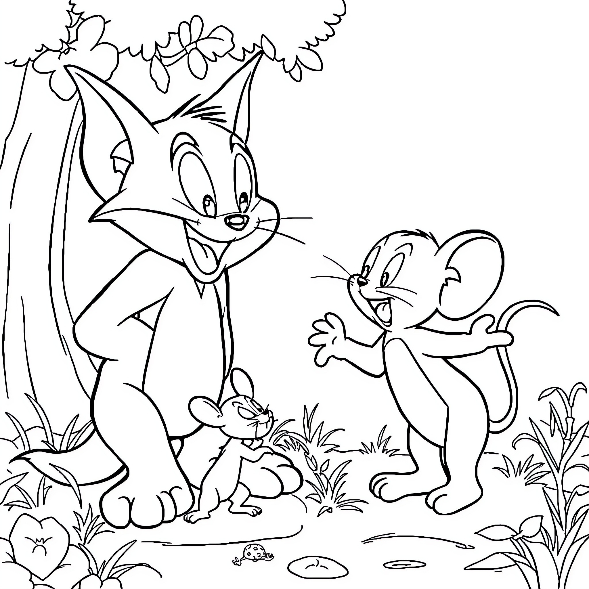 Tom and Jerry's Playful Antics in the Lush Garden Coloring Page (free black-and-white line drawing printable PDF for all, from beginners to advanced learners, including children, teens, adults, and seniors)