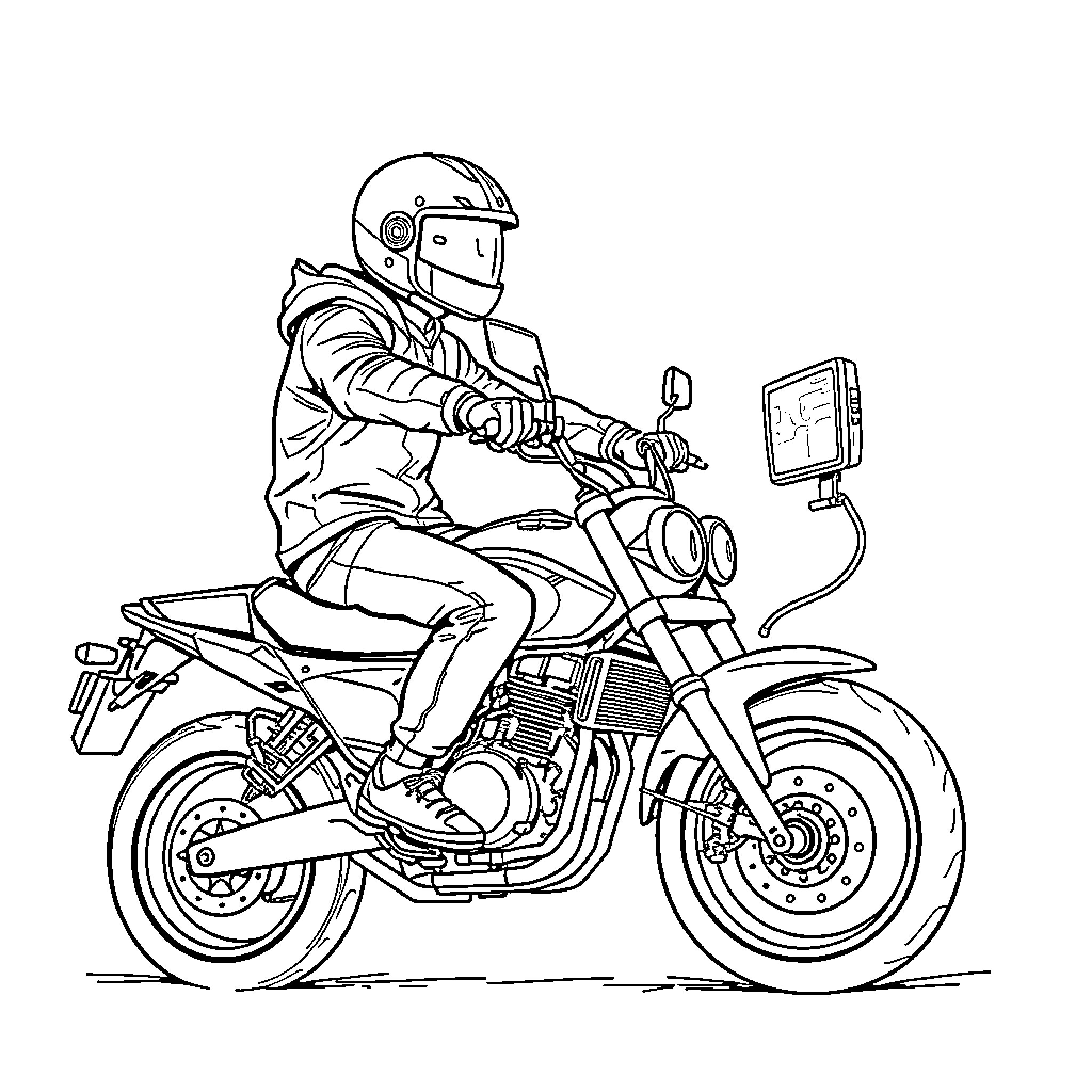 Moto Rider Navigates Modern Motorcycle Coloring Page (free black-and-white line drawing printable PDF for all, from beginners to advanced learners, including children, teens, adults, and seniors)
