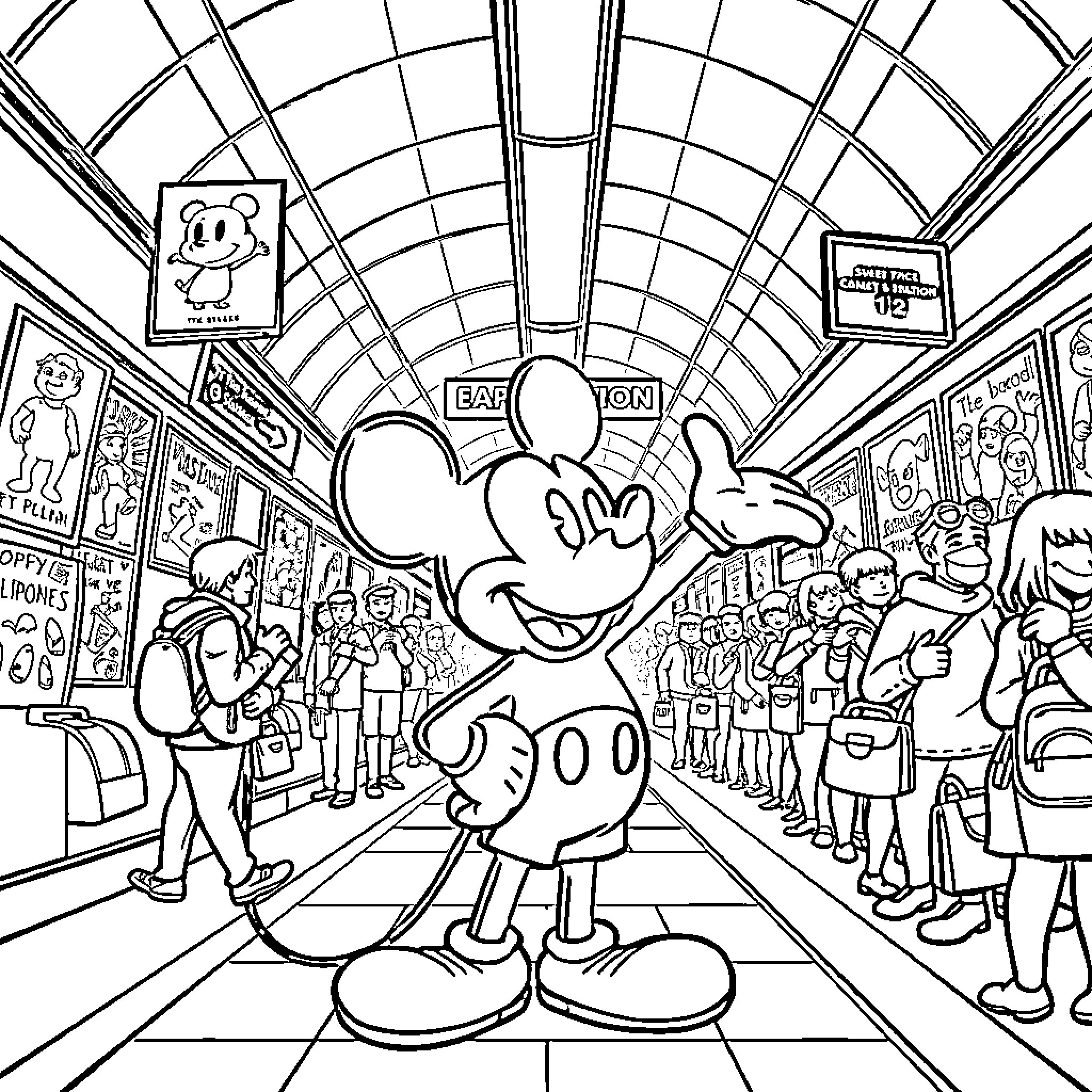 Mickey Mouse exploring a bustling marketplace Coloring Page (free black-and-white line drawing printable PDF for all, from beginners to advanced learners, including children, teens, adults, and seniors)