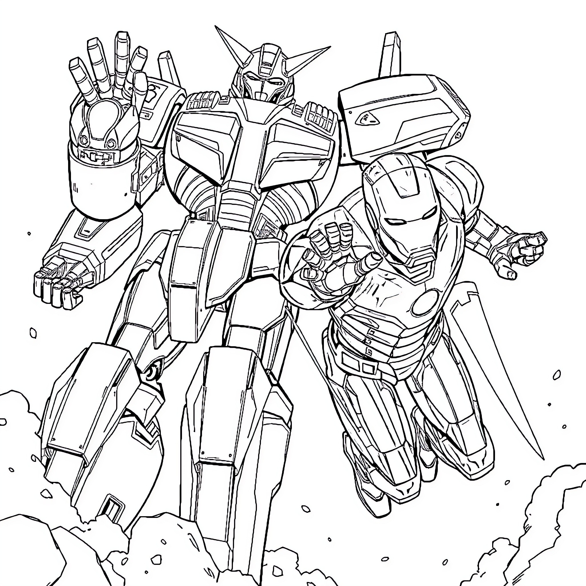 Ironman-inspired mecha robot in action-packed pose Coloring Page (free black-and-white line drawing printable PDF for all, from beginners to advanced learners, including children, teens, adults, and seniors)